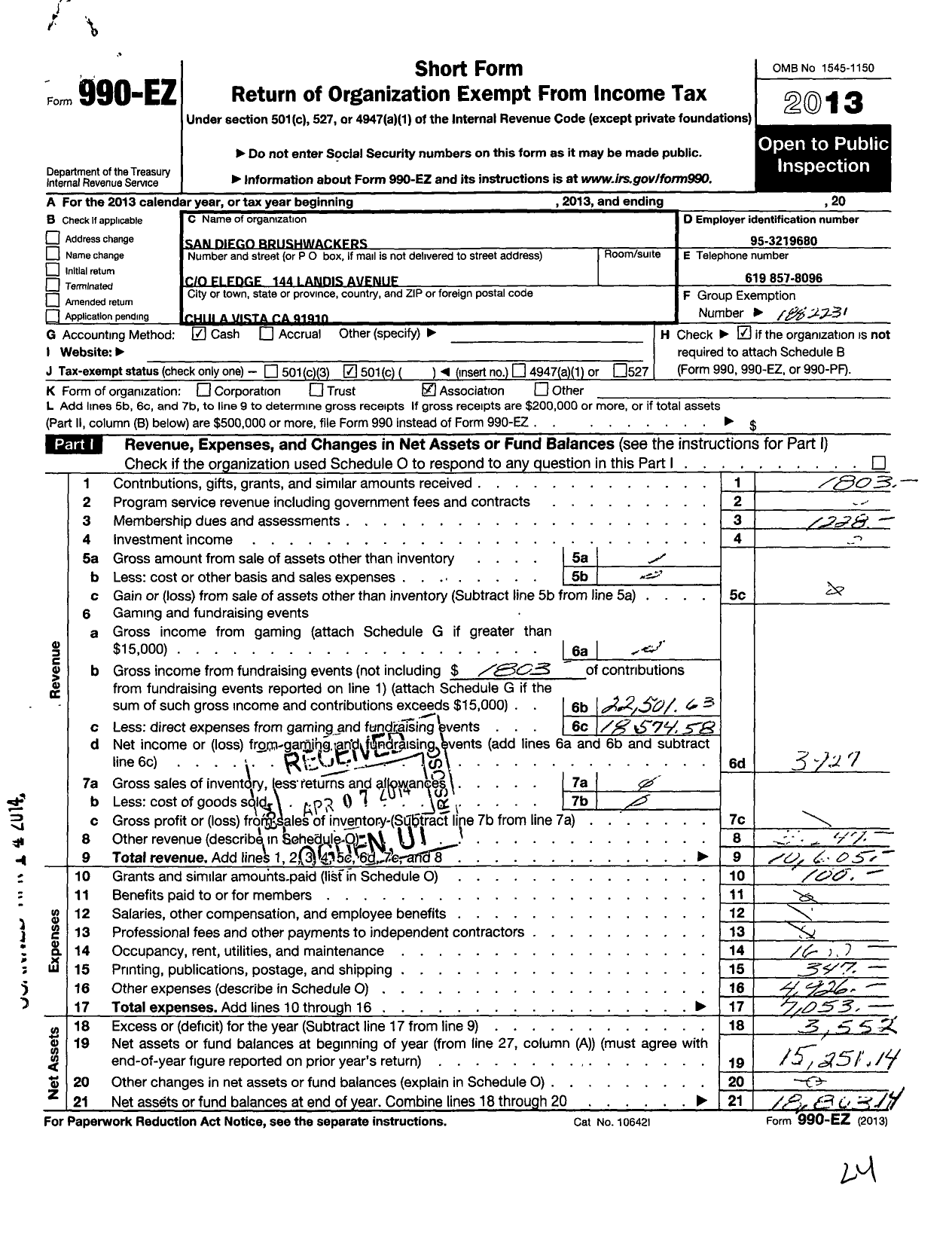 Image of first page of 2013 Form 990EO for San Diego Brush Whackers