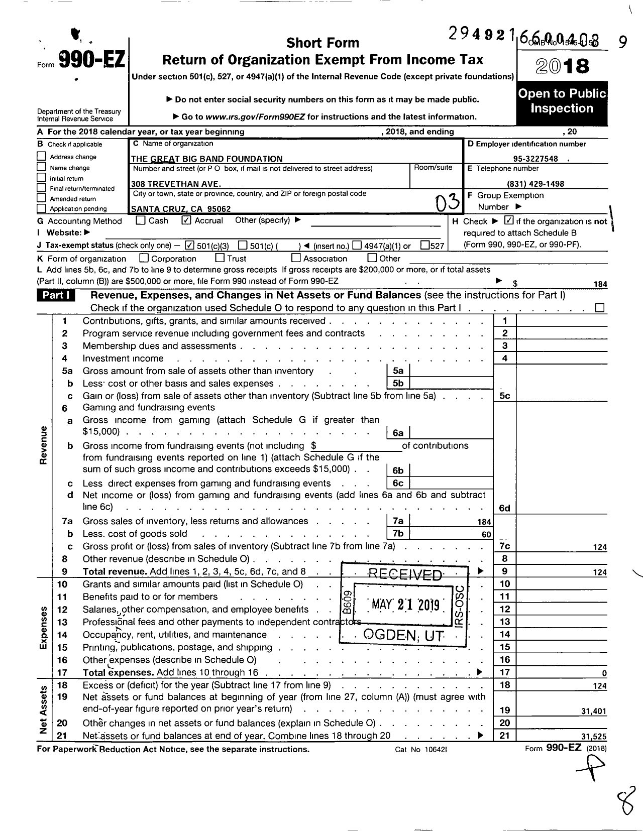 Image of first page of 2018 Form 990EZ for The Great Big Band Foundation