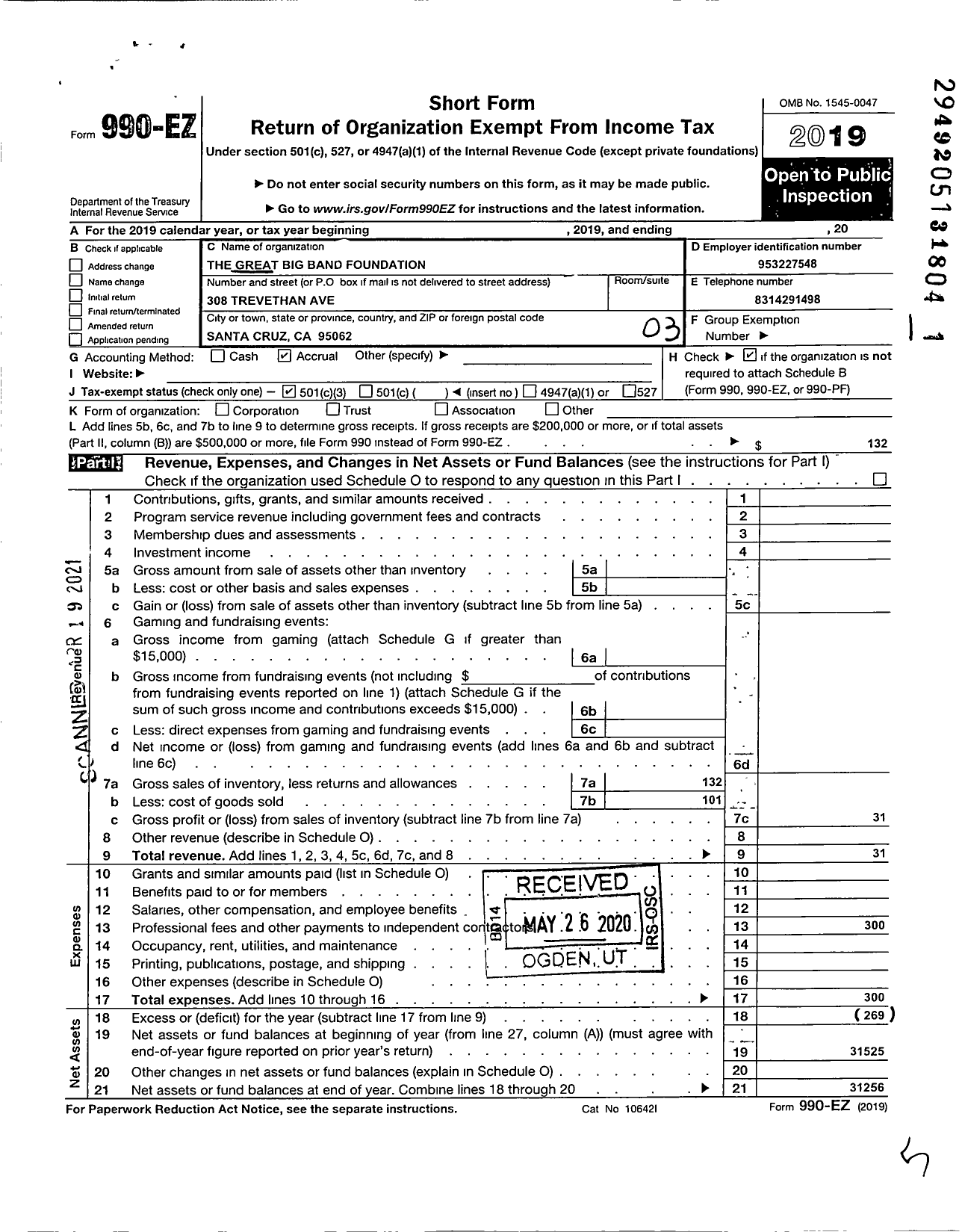 Image of first page of 2019 Form 990EZ for The Great Big Band Foundation