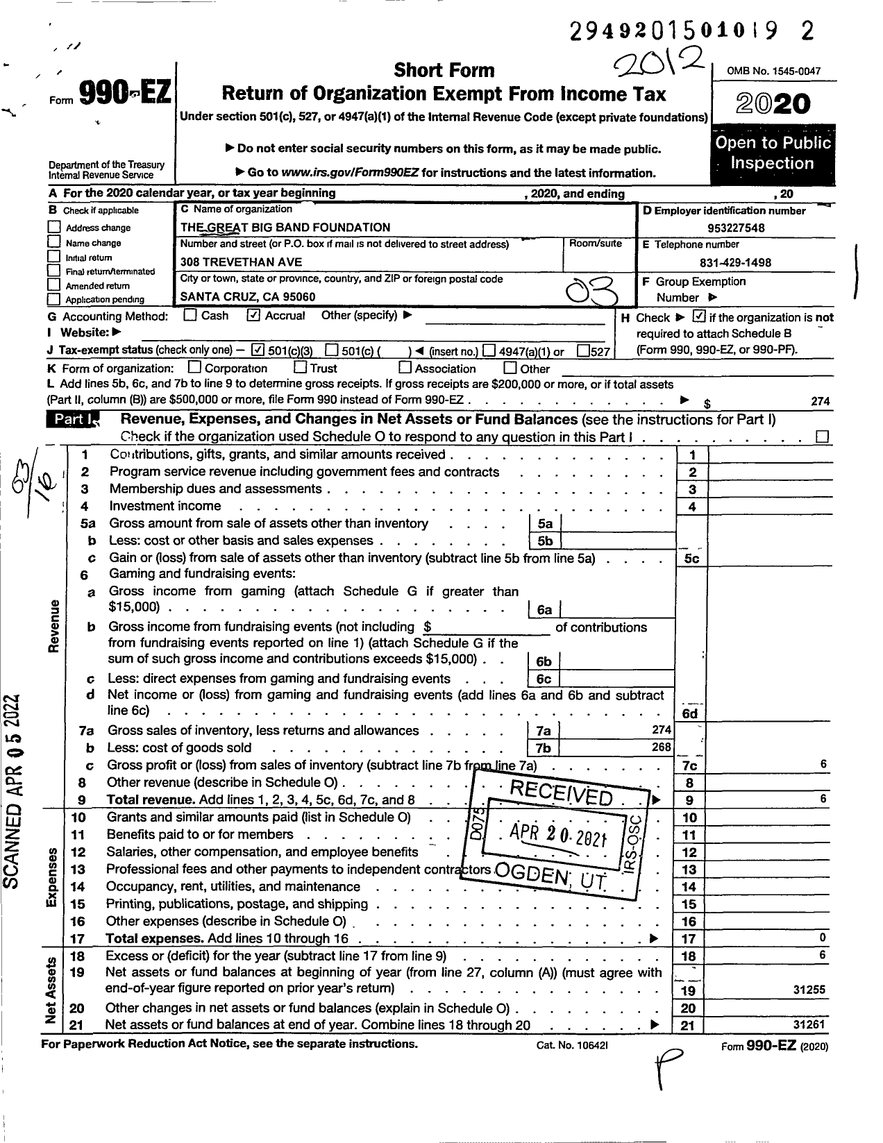 Image of first page of 2020 Form 990EZ for The Great Big Band Foundation