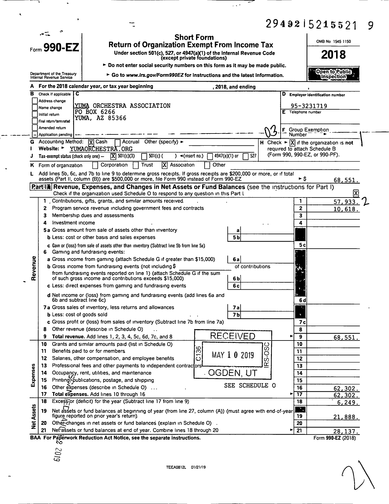 Image of first page of 2018 Form 990EZ for Yuma Orchestra Association