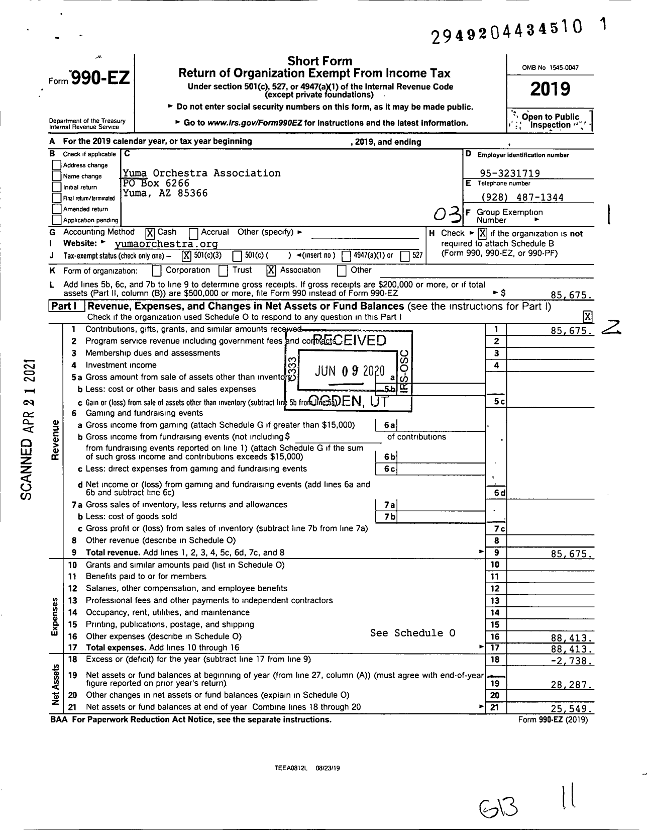 Image of first page of 2019 Form 990EZ for Yuma Orchestra Association