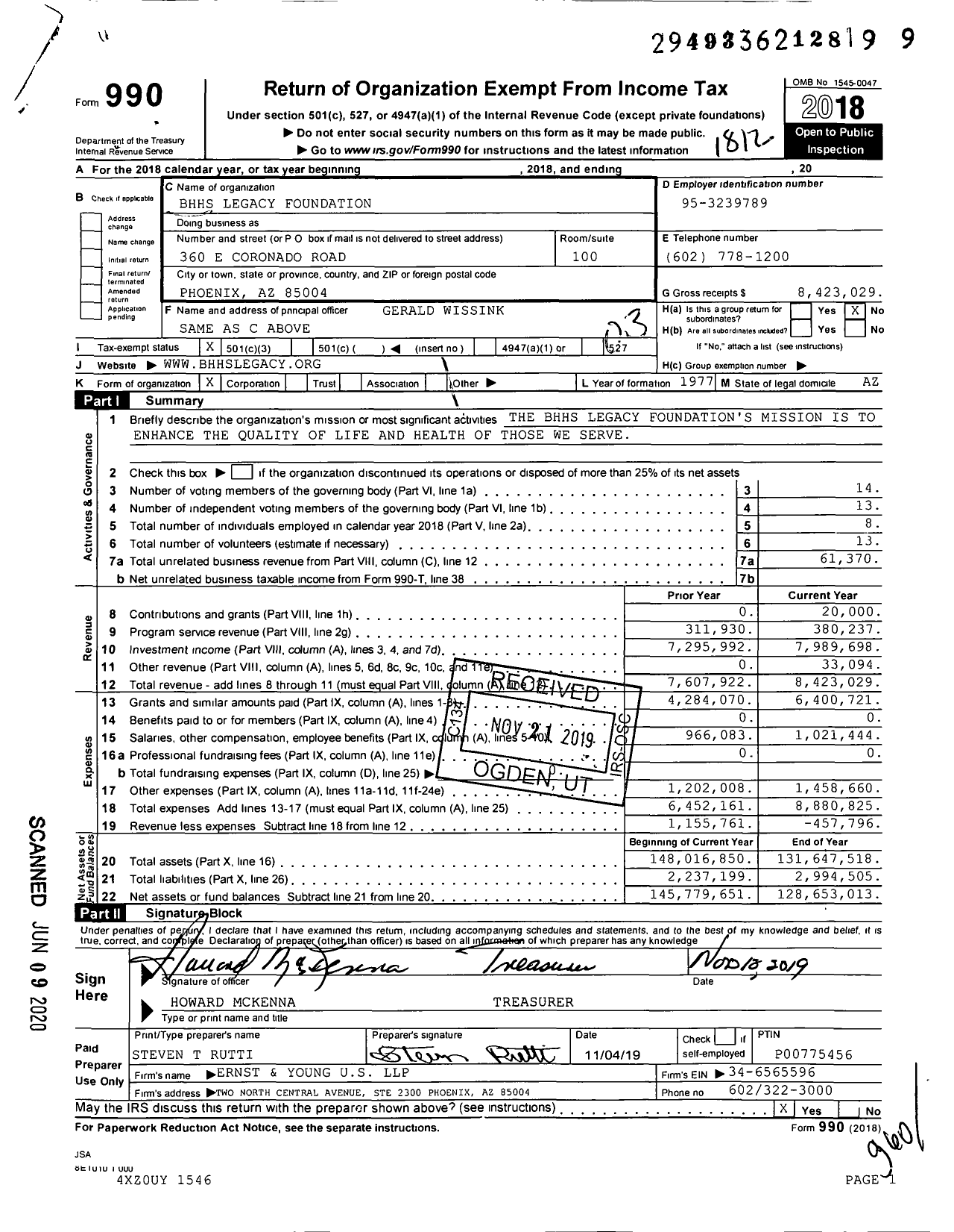 Image of first page of 2018 Form 990 for BHHS Legacy Foundation