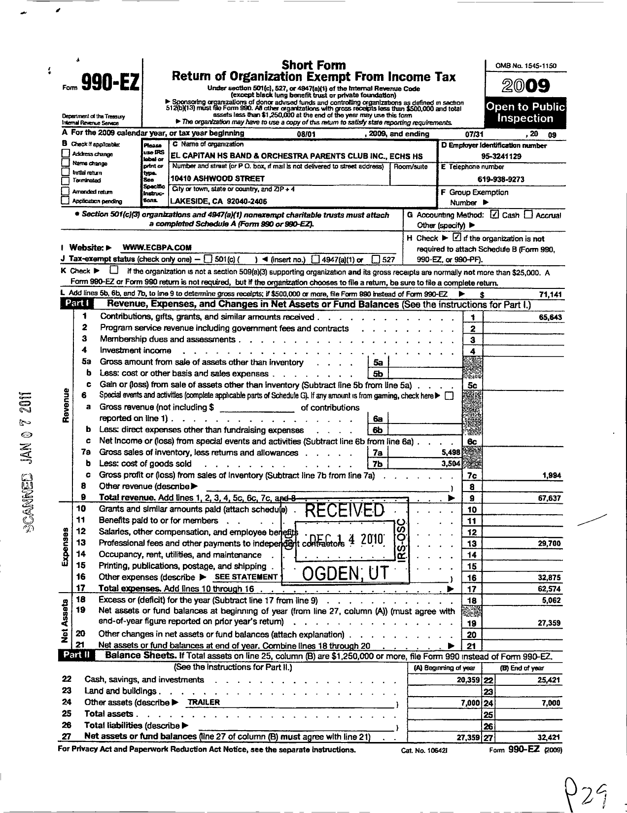 Image of first page of 2008 Form 990EO for El Capitan High School Band and Orchestra Parents Club