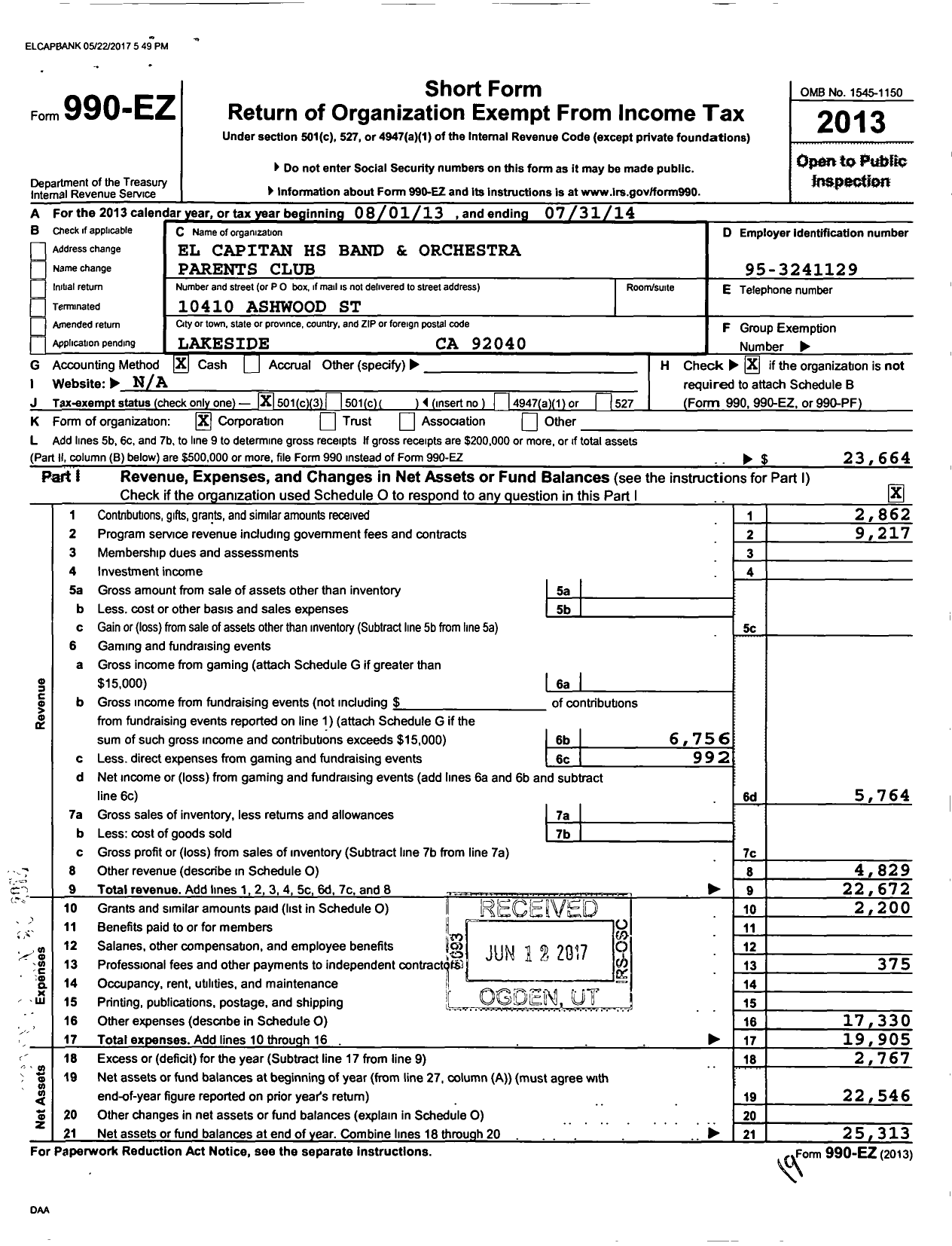 Image of first page of 2013 Form 990EZ for El Capitan High School Band and Orchestra Parents Club