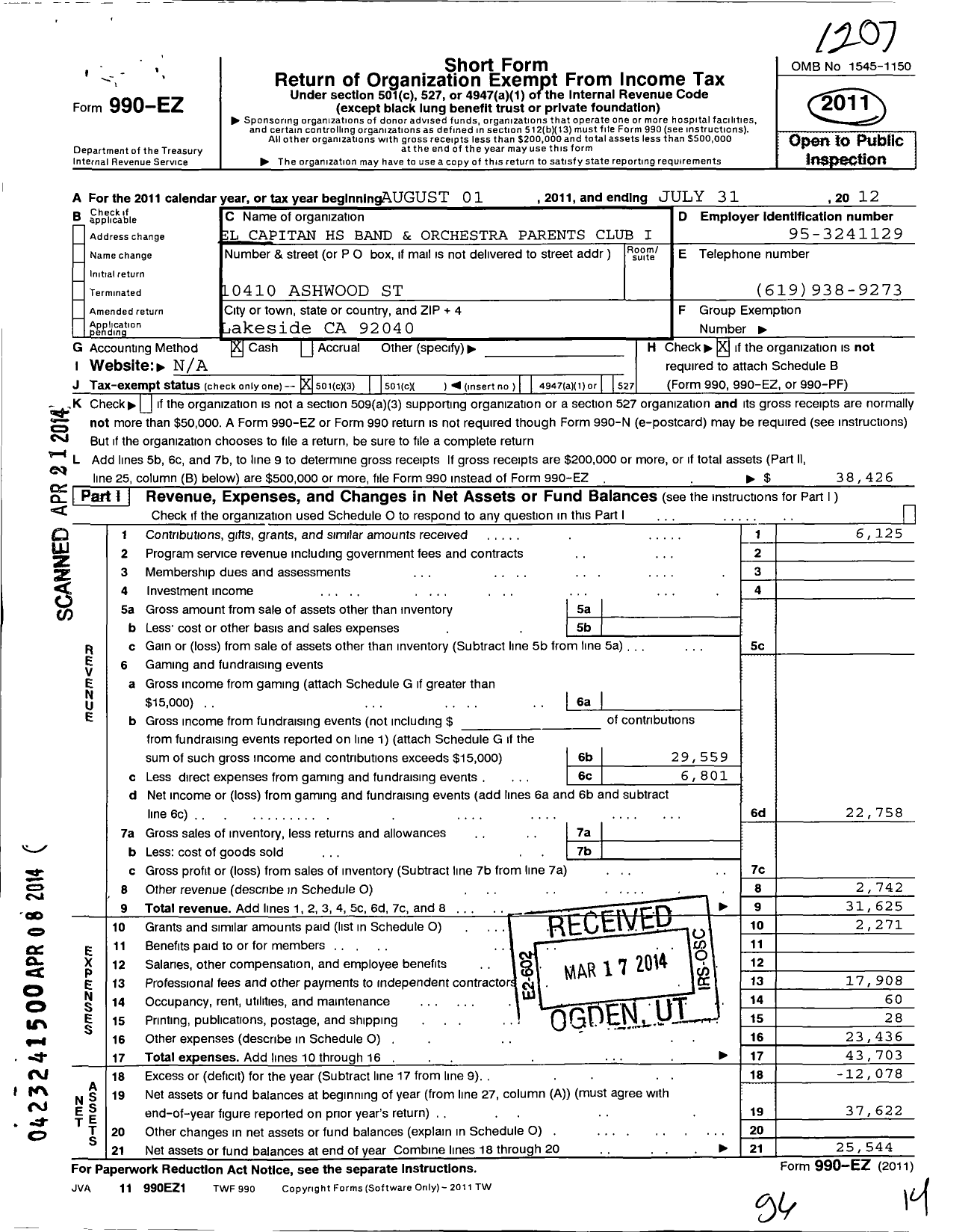 Image of first page of 2011 Form 990EZ for El Capitan High School Band and Orchestra Parents Club