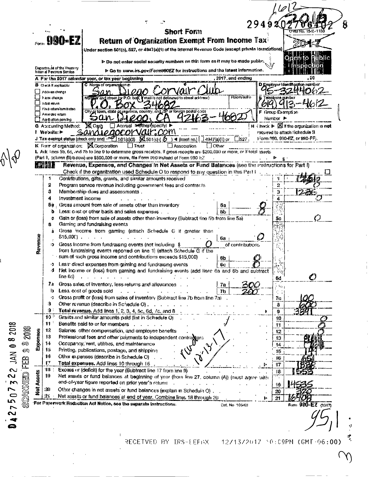 Image of first page of 2016 Form 990EO for San Diego Corvair Club