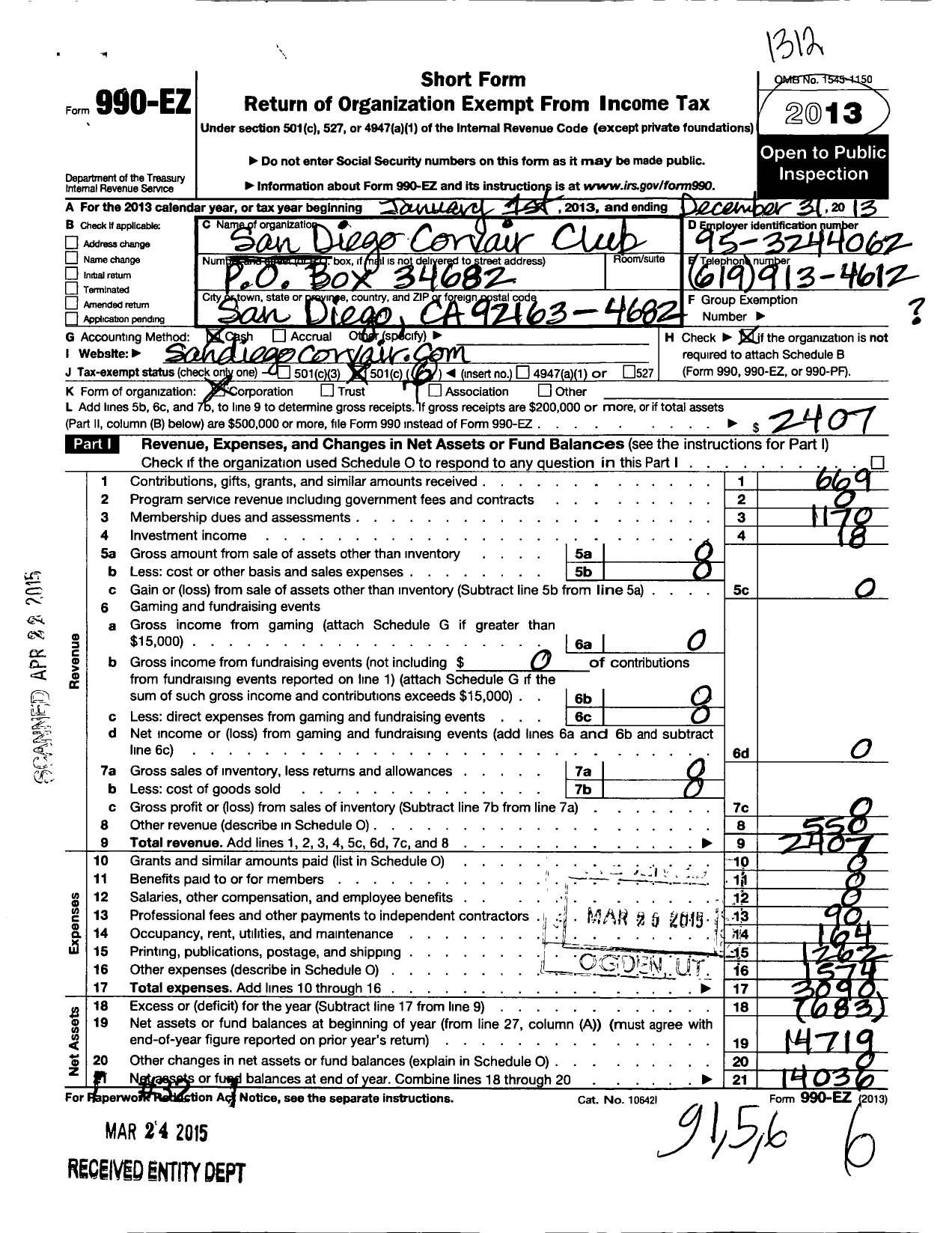 Image of first page of 2013 Form 990EO for San Diego Corvair Club