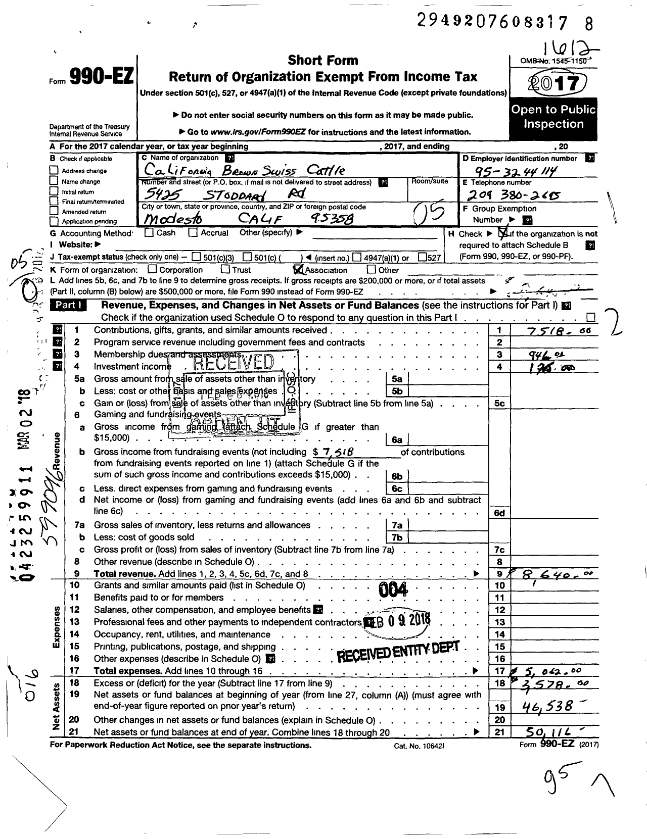 Image of first page of 2016 Form 990EO for California Brown Swiss Cattle Association