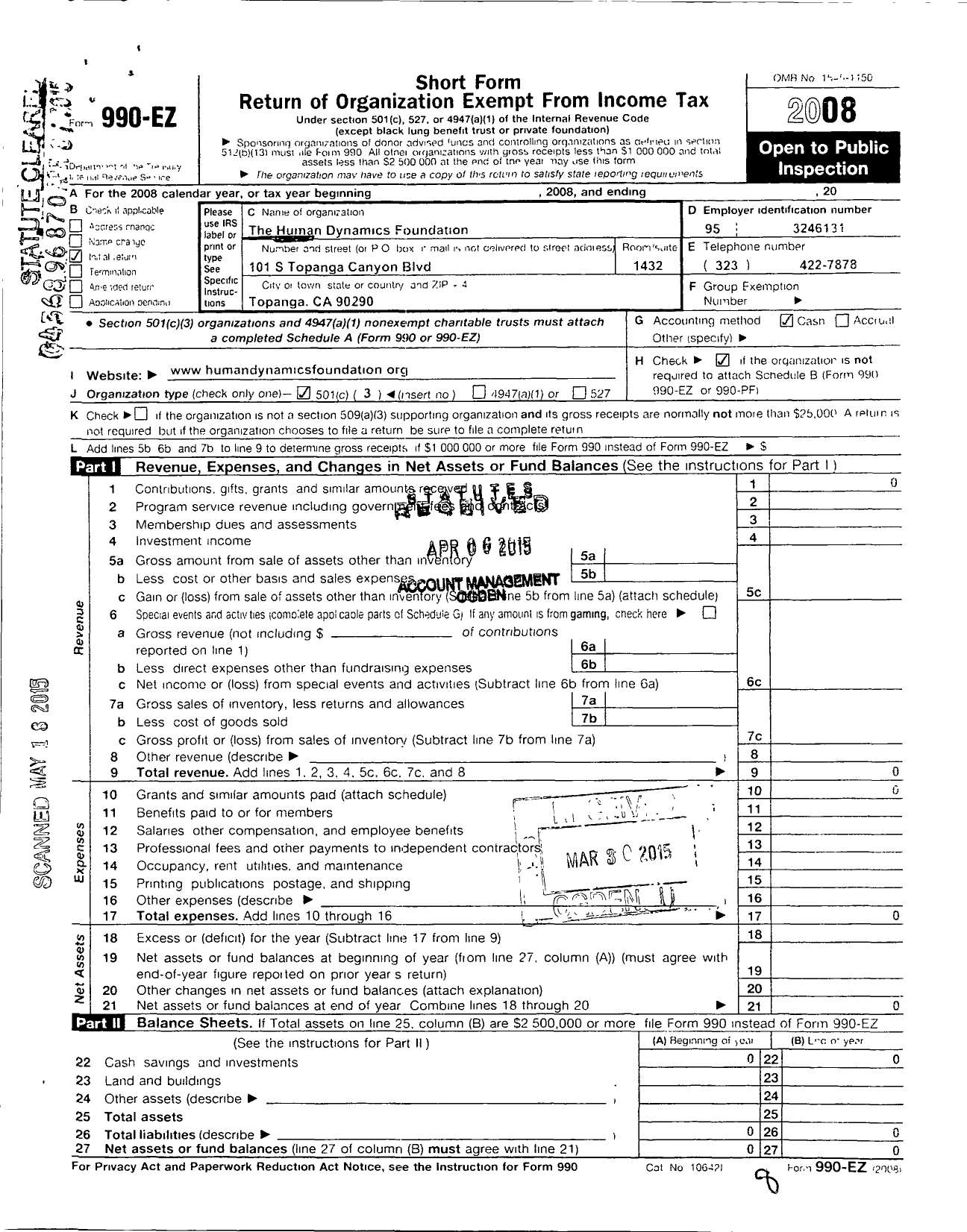 Image of first page of 2008 Form 990EZ for Human Dynamics Foundation