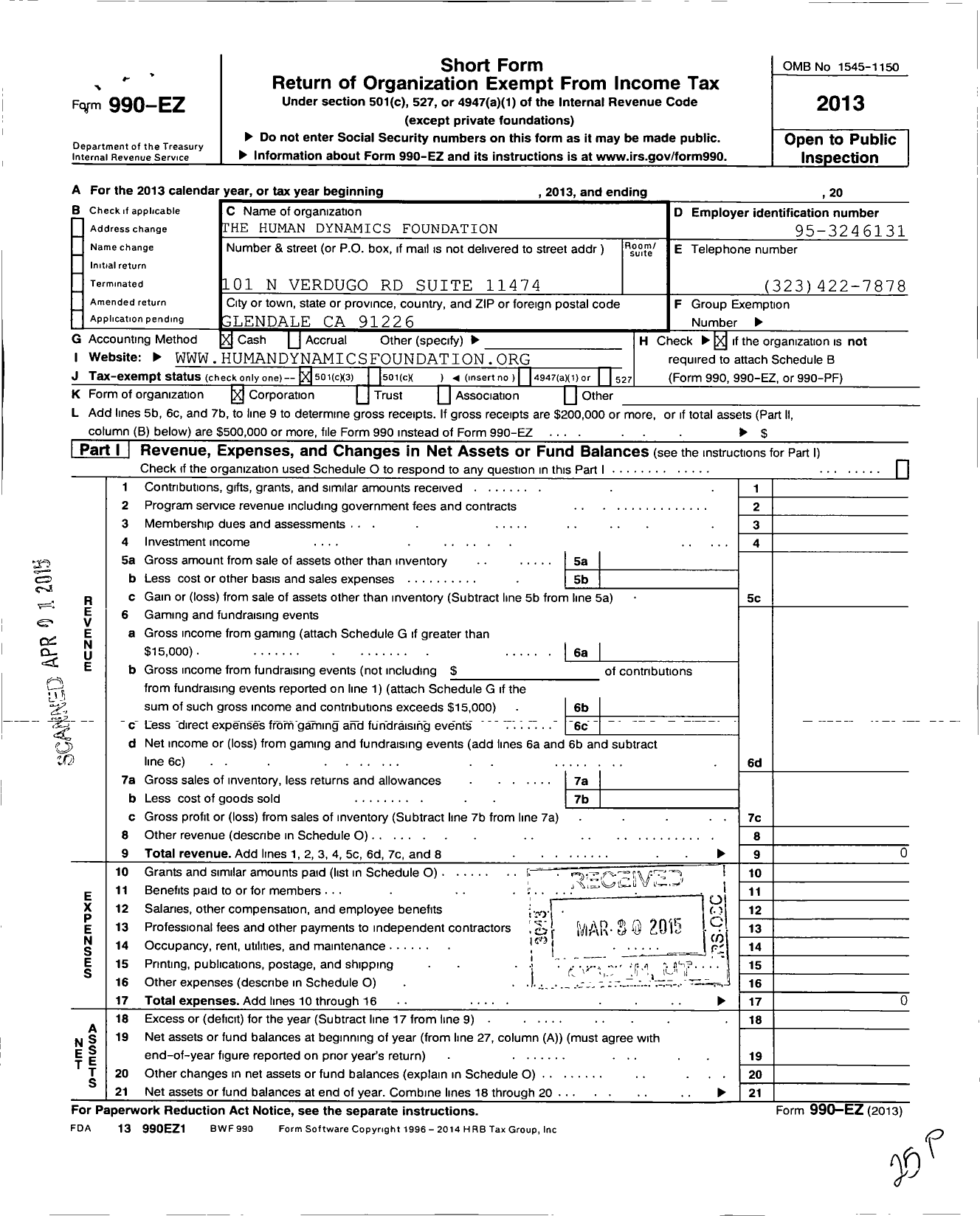 Image of first page of 2013 Form 990EZ for Human Dynamics Foundation