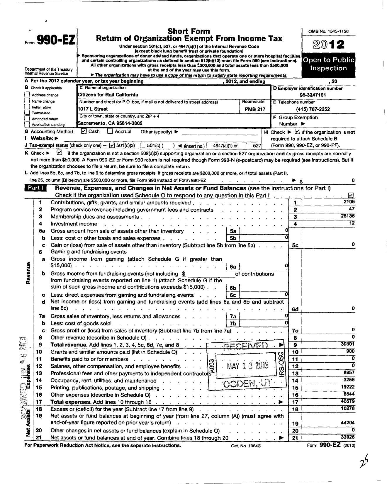 Image of first page of 2012 Form 990EZ for Citizens for Rail California