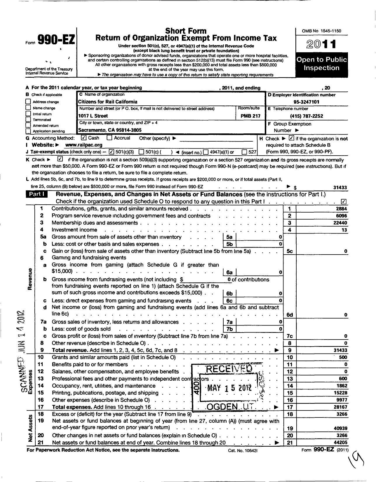 Image of first page of 2011 Form 990EZ for Citizens for Rail California