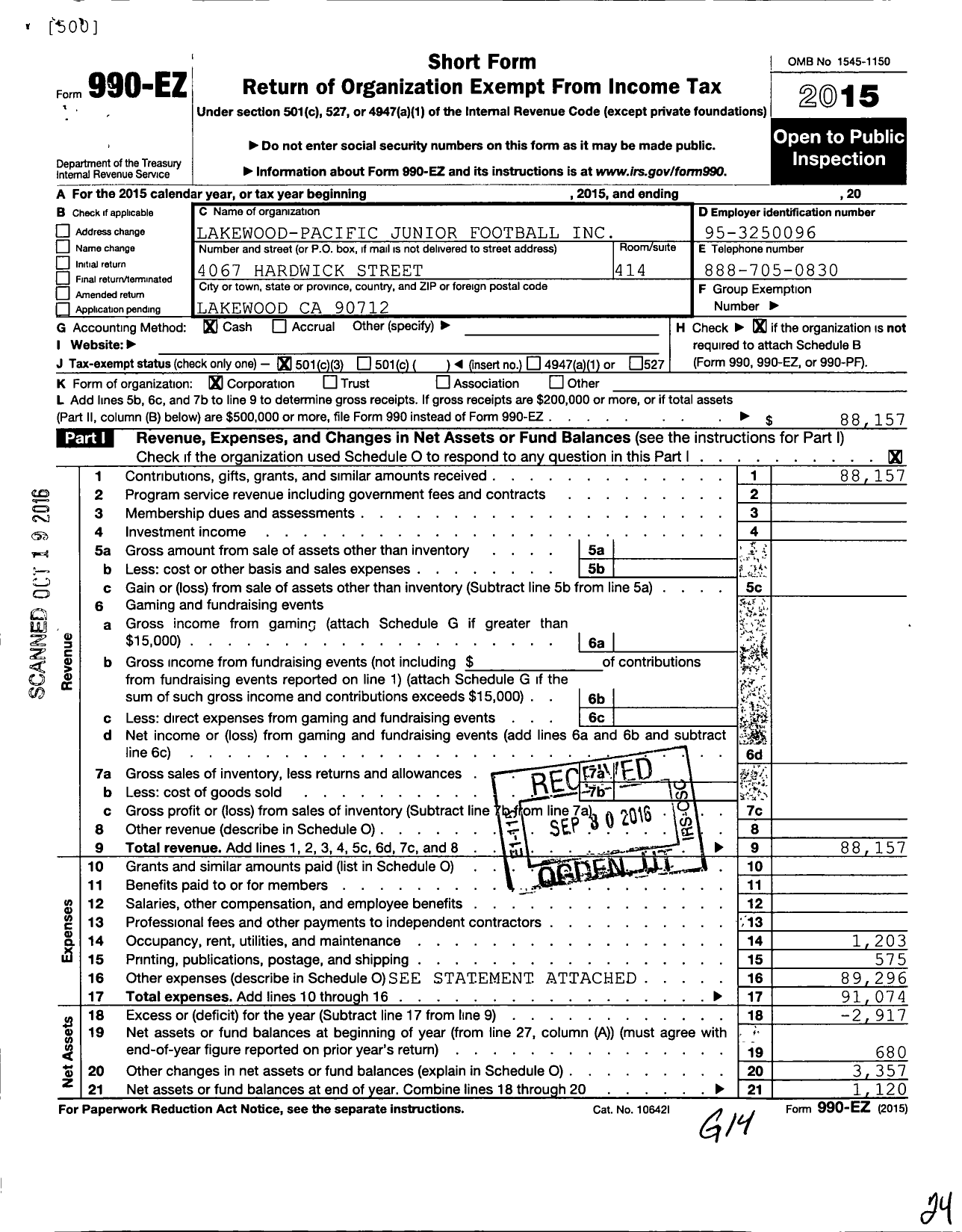 Image of first page of 2015 Form 990EZ for Lakewood Pacific Junior Football Incorporated