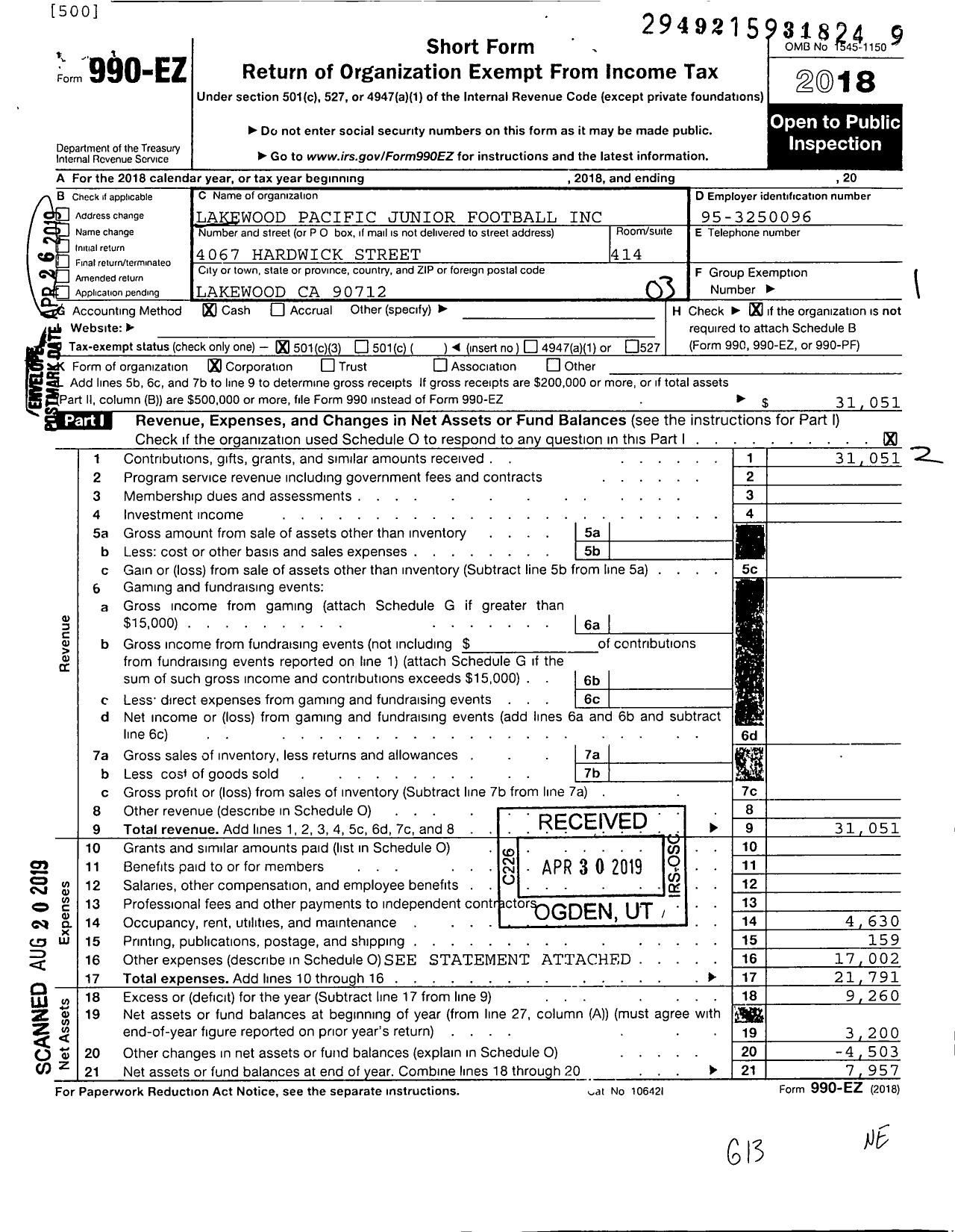 Image of first page of 2018 Form 990EZ for Lakewood Pacific Junior Football Incorporated