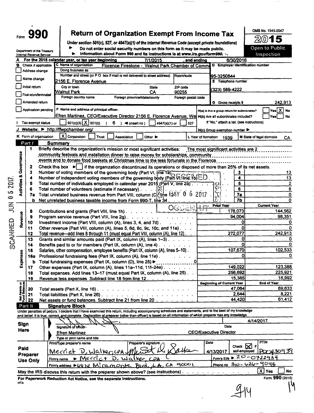 Image of first page of 2015 Form 990O for The Florence-Firestone Walnut Park Chamber of Commerce