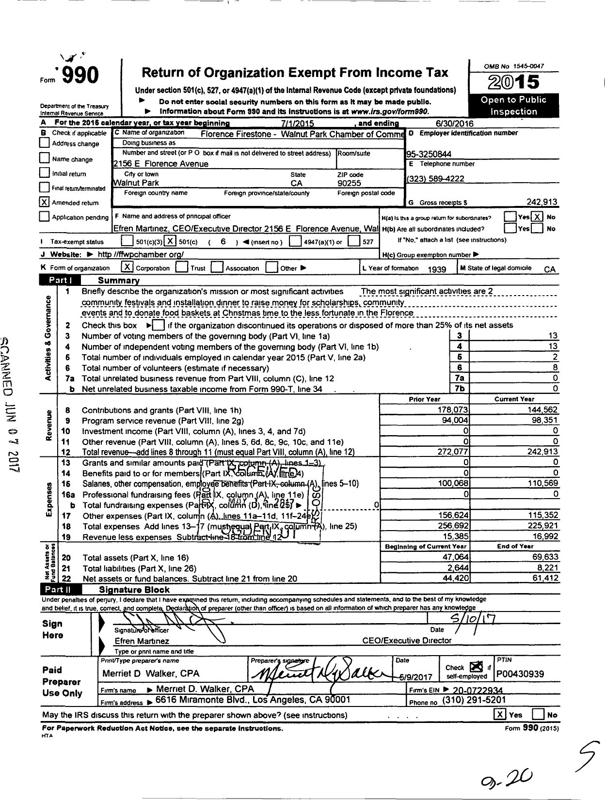 Image of first page of 2015 Form 990O for The Florence-Firestone Walnut Park Chamber of Commerce