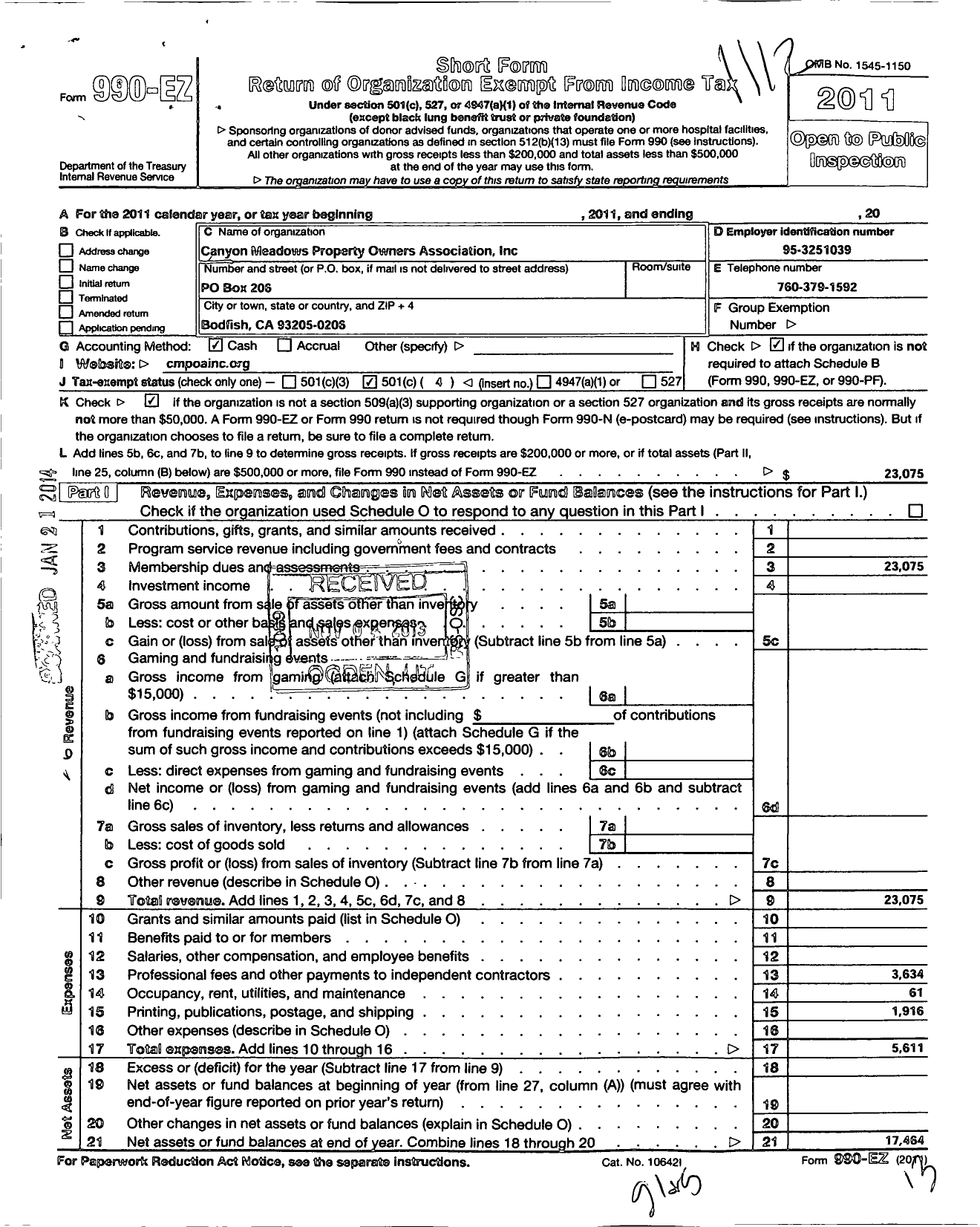 Image of first page of 2011 Form 990EO for Canyon Meadows Prop Owners Association