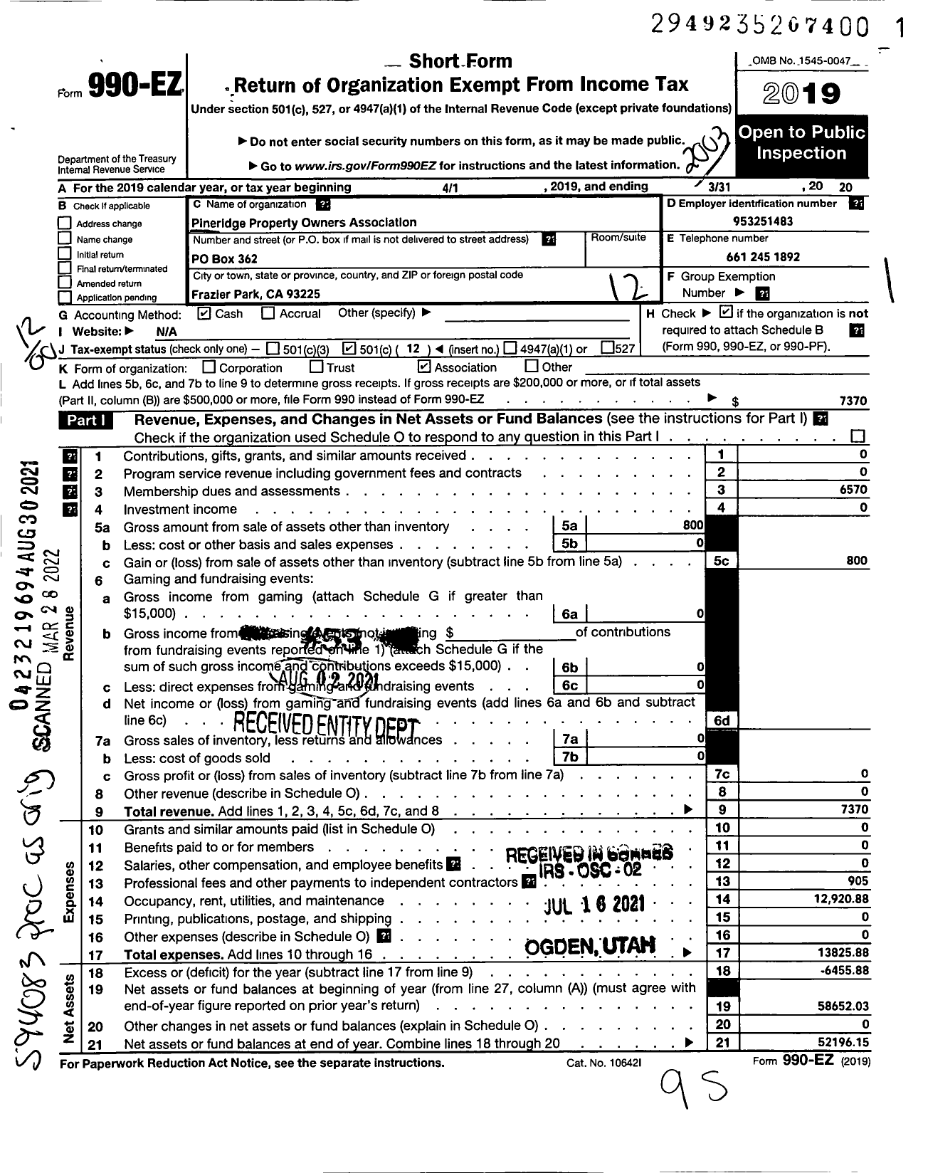 Image of first page of 2019 Form 990EO for Pineridge Property Owners Association