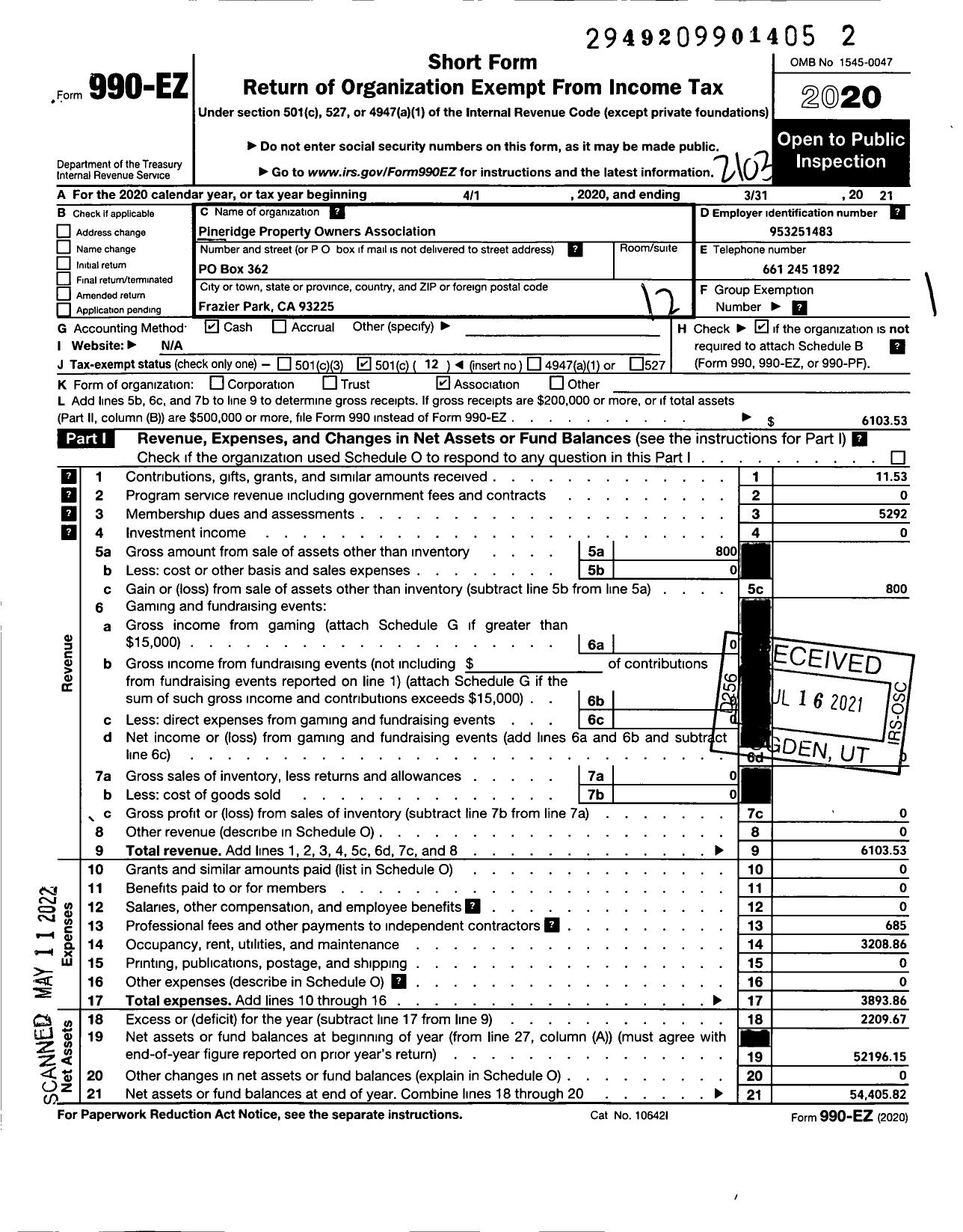 Image of first page of 2020 Form 990EO for Pineridge Property Owners Association