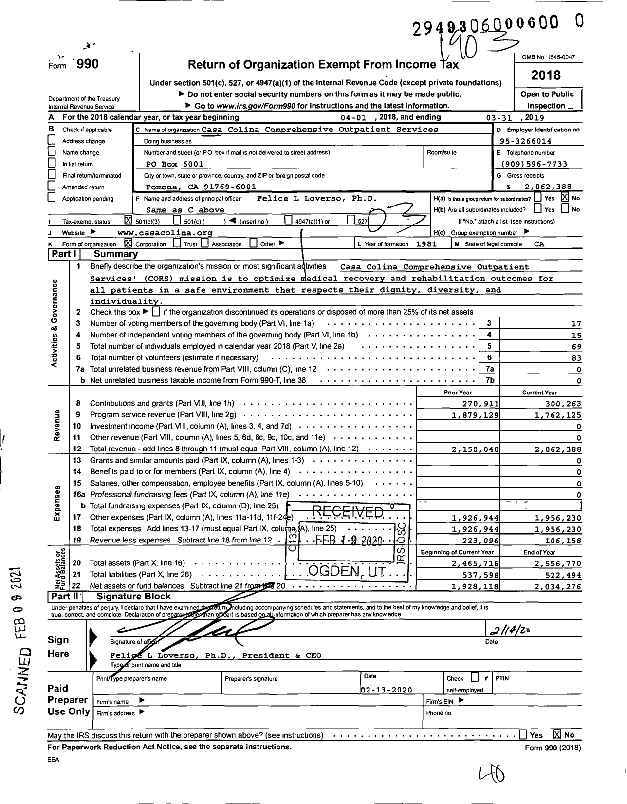 Image of first page of 2018 Form 990 for Casa Colina Hospital and Centers for Healthcare