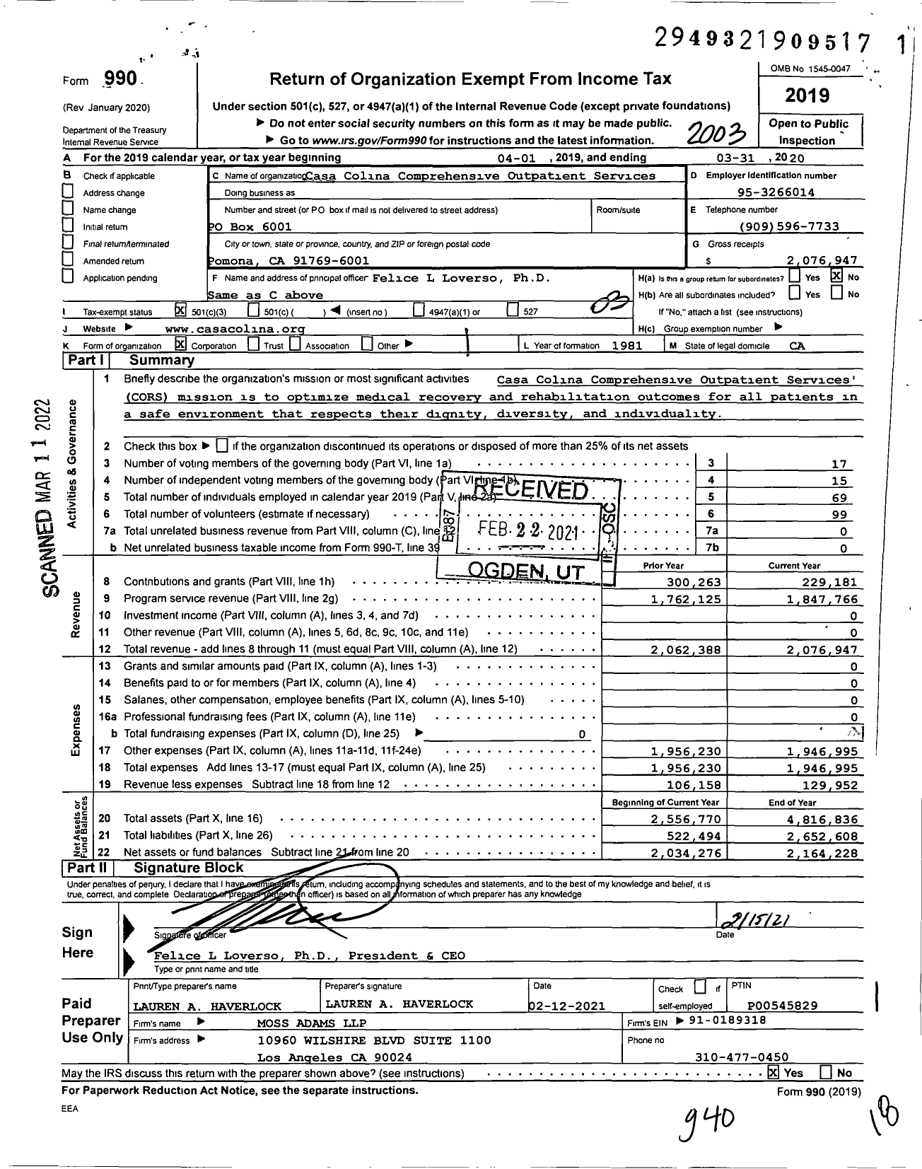 Image of first page of 2019 Form 990 for Casa Colina Hospital and Centers for Healthcare