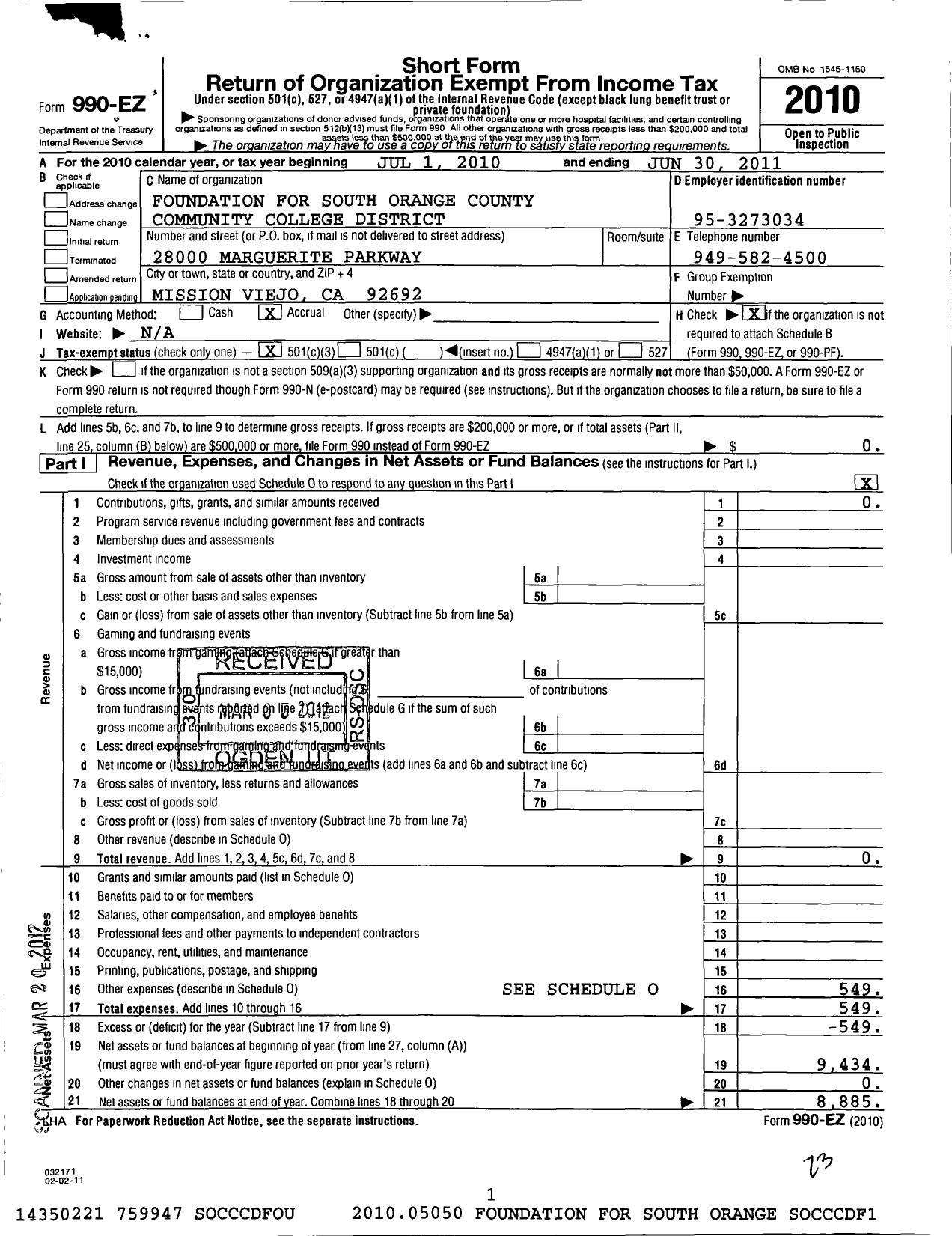 Image of first page of 2010 Form 990EZ for Foundation for South Orange County CCD