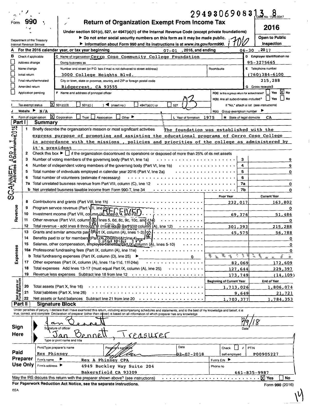 Image of first page of 2016 Form 990 for Cerro Coso Community College Foundation