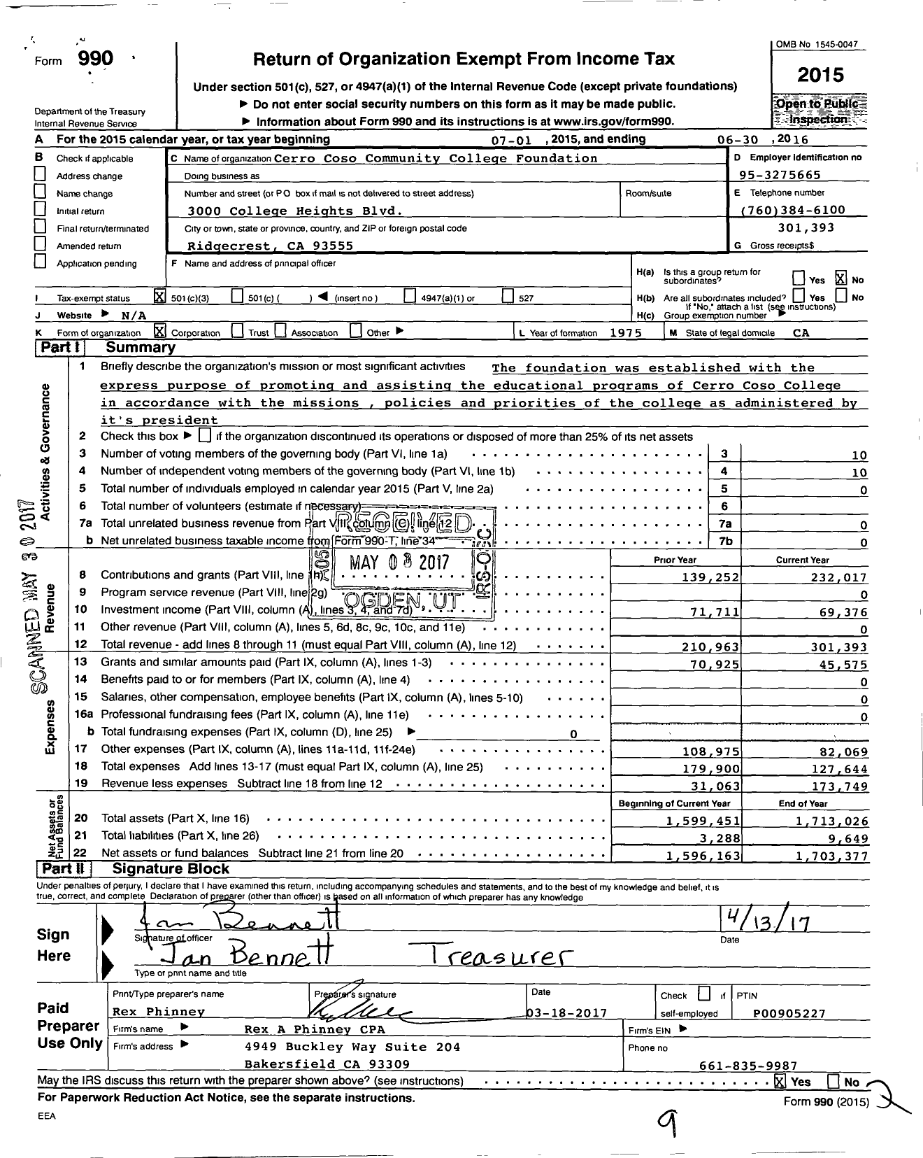Image of first page of 2015 Form 990 for Cerro Coso Community College Foundation