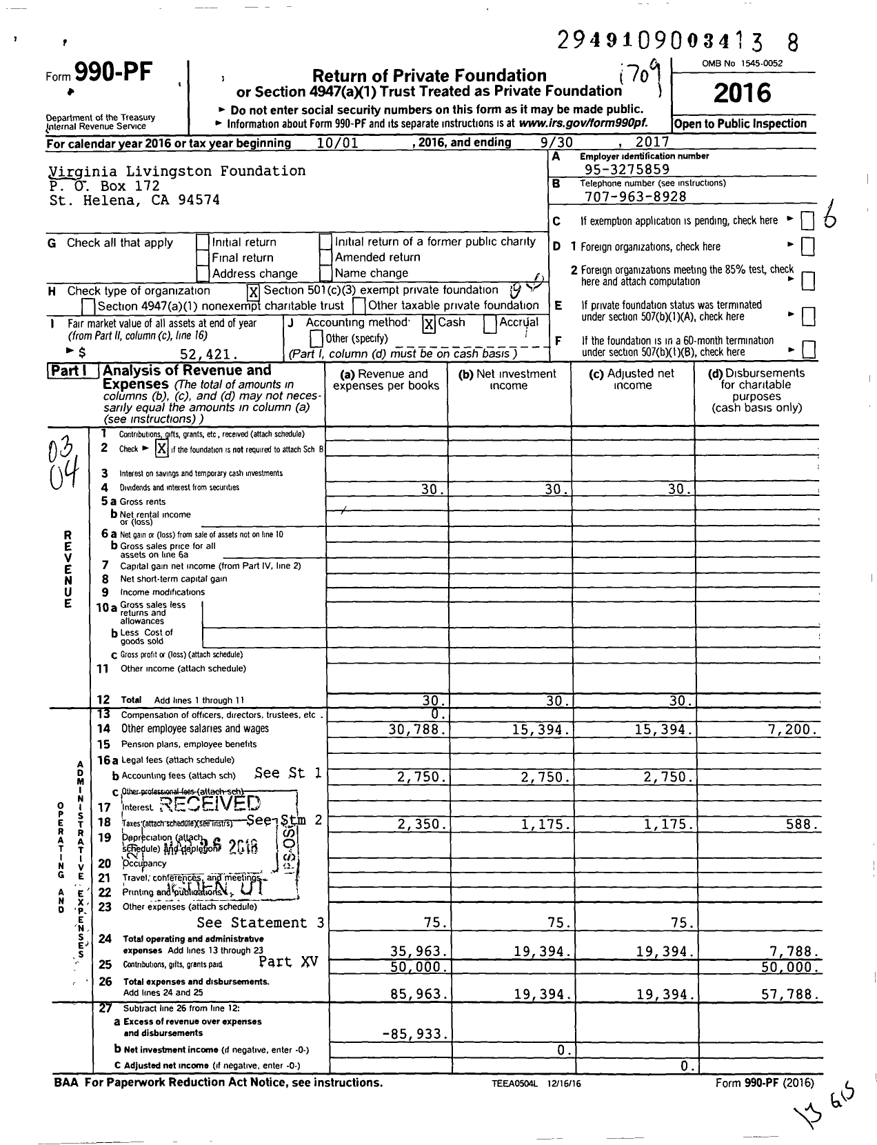 Image of first page of 2016 Form 990PF for Virginia Livingston Foundation