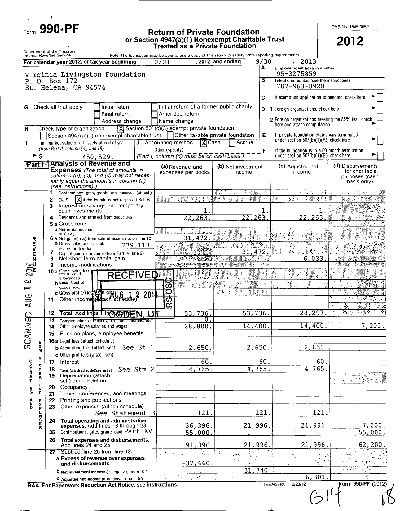 Image of first page of 2012 Form 990PF for Virginia Livingston Foundation