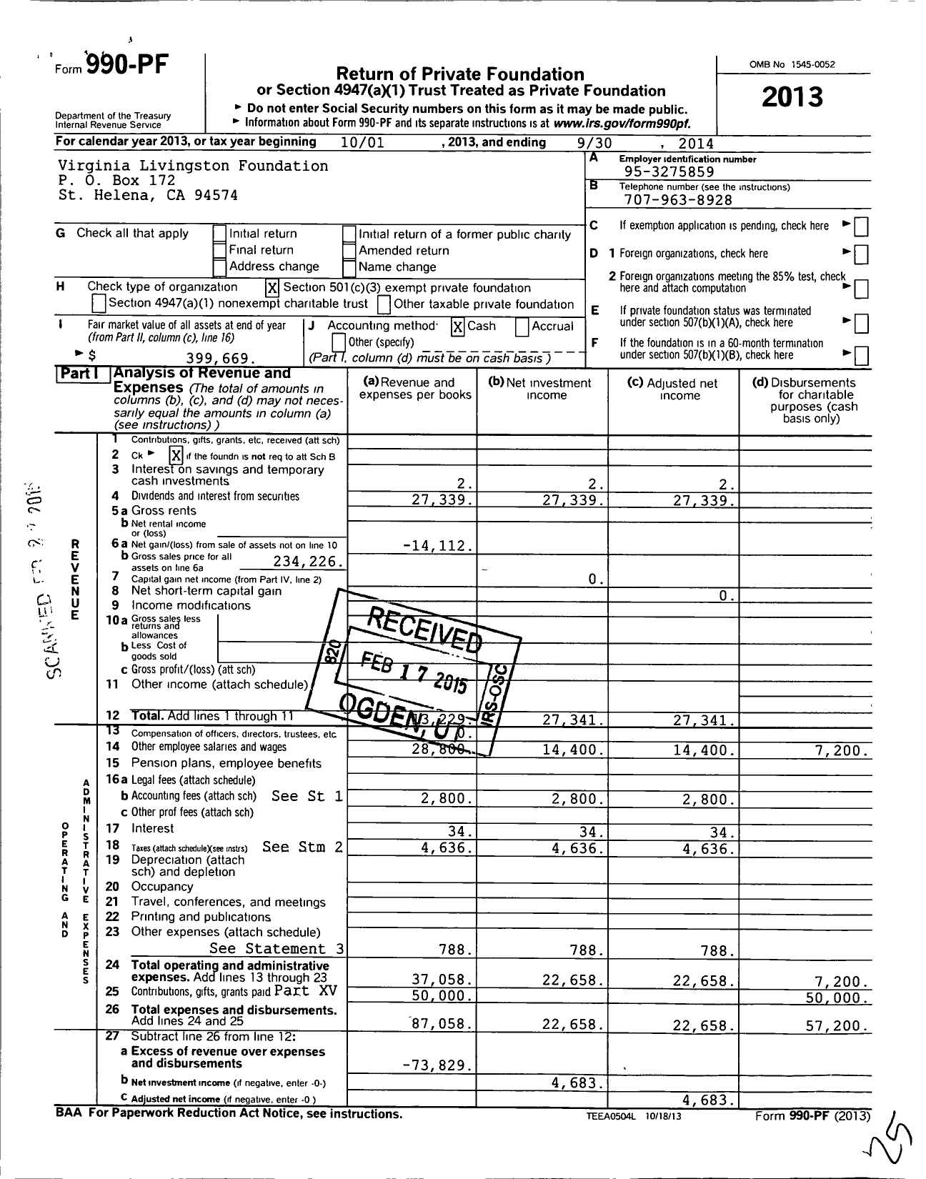 Image of first page of 2013 Form 990PF for Virginia Livingston Foundation