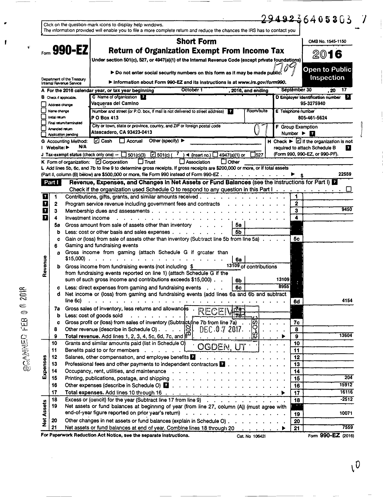 Image of first page of 2016 Form 990EO for Vaqueras Del Camino