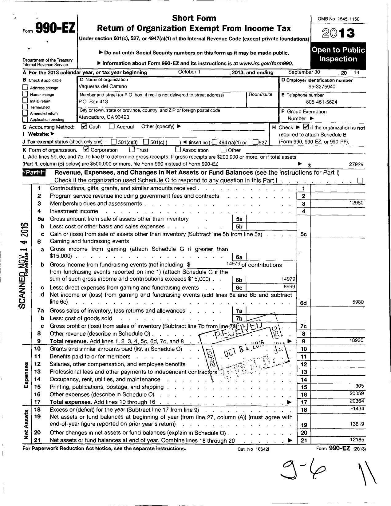 Image of first page of 2013 Form 990EO for Vaqueras Del Camino