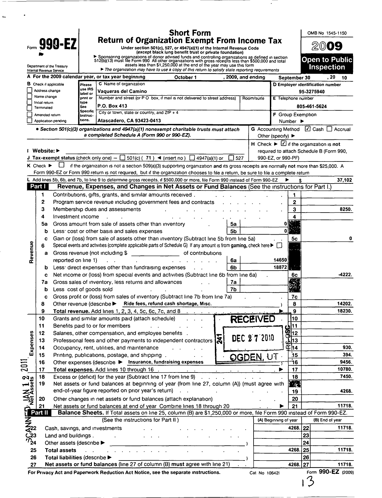 Image of first page of 2009 Form 990EO for Vaqueras Del Camino