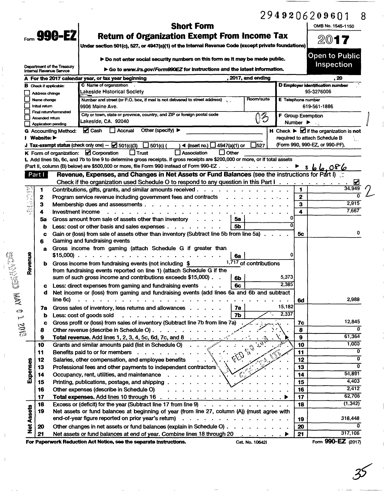 Image of first page of 2017 Form 990EZ for Lakeside Historical Society