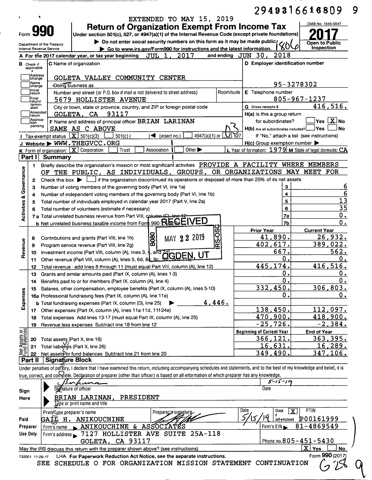 Image of first page of 2017 Form 990 for Goleta Valley Community Center