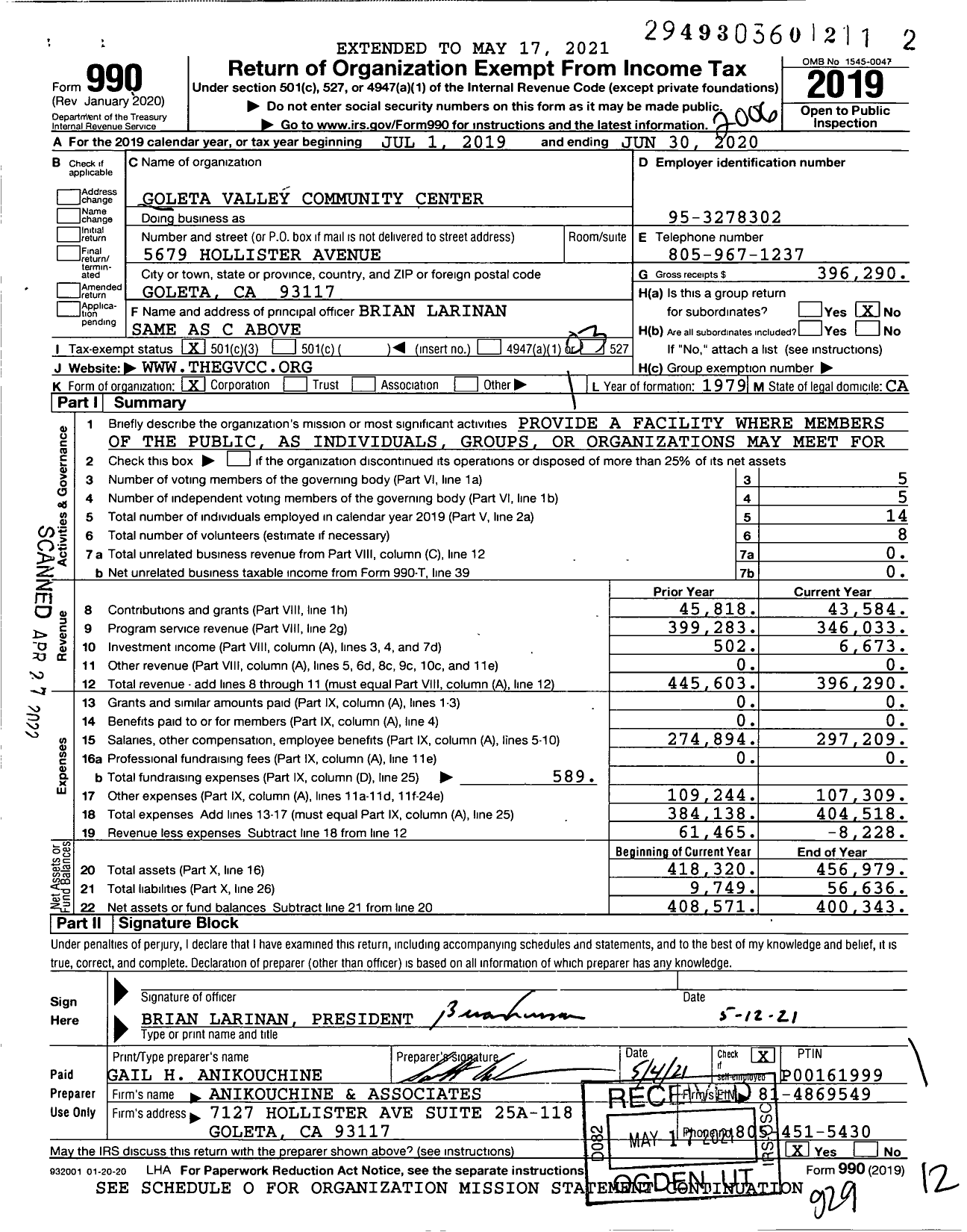 Image of first page of 2019 Form 990 for Goleta Valley Community Center