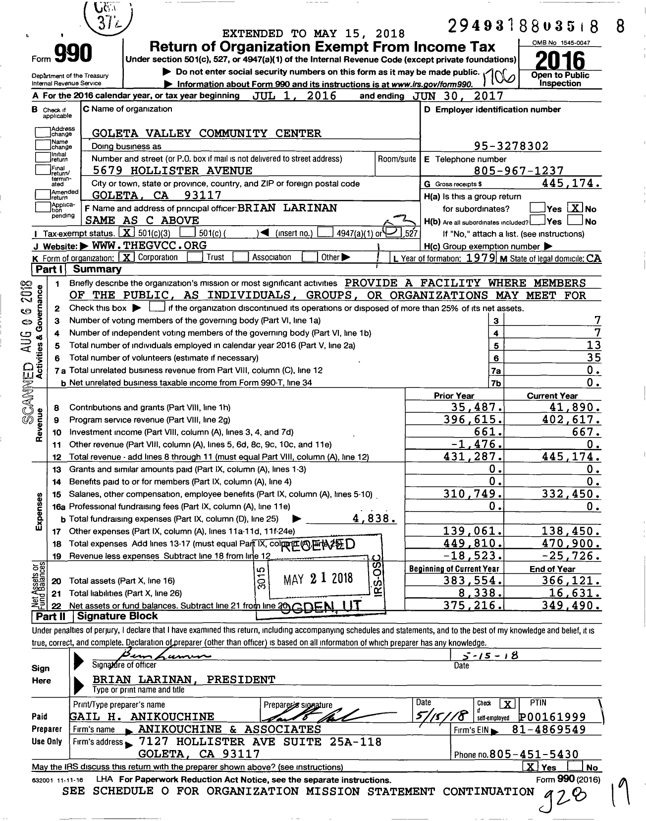 Image of first page of 2016 Form 990 for Goleta Valley Community Center