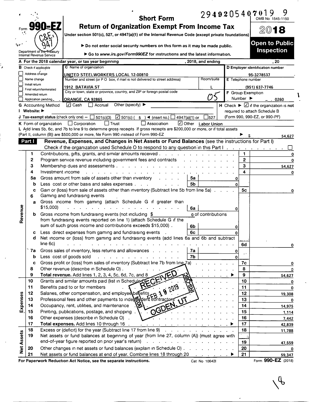 Image of first page of 2018 Form 990EO for United Steelworkers - 00810 Local