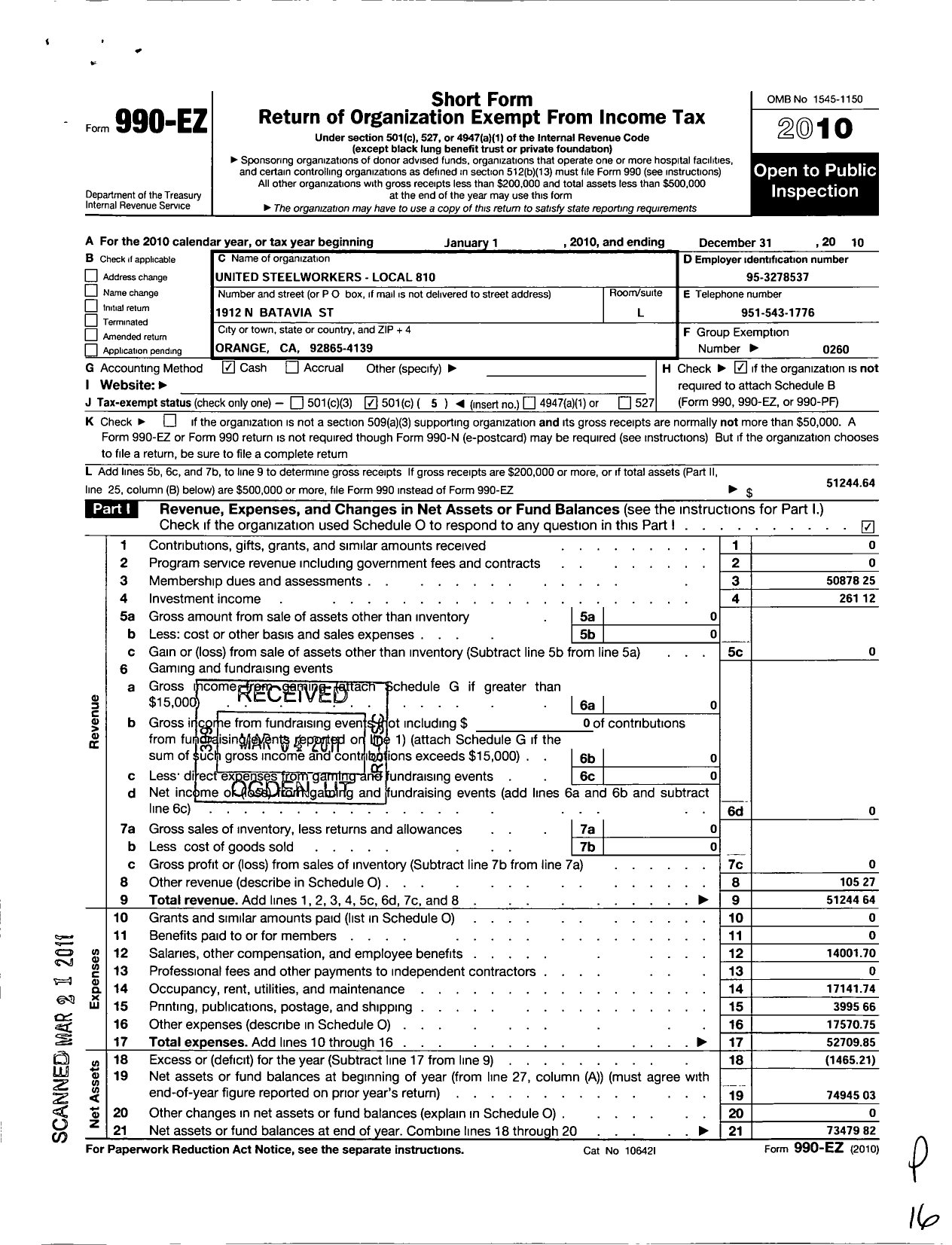 Image of first page of 2010 Form 990EO for United Steelworkers - 00810 Local