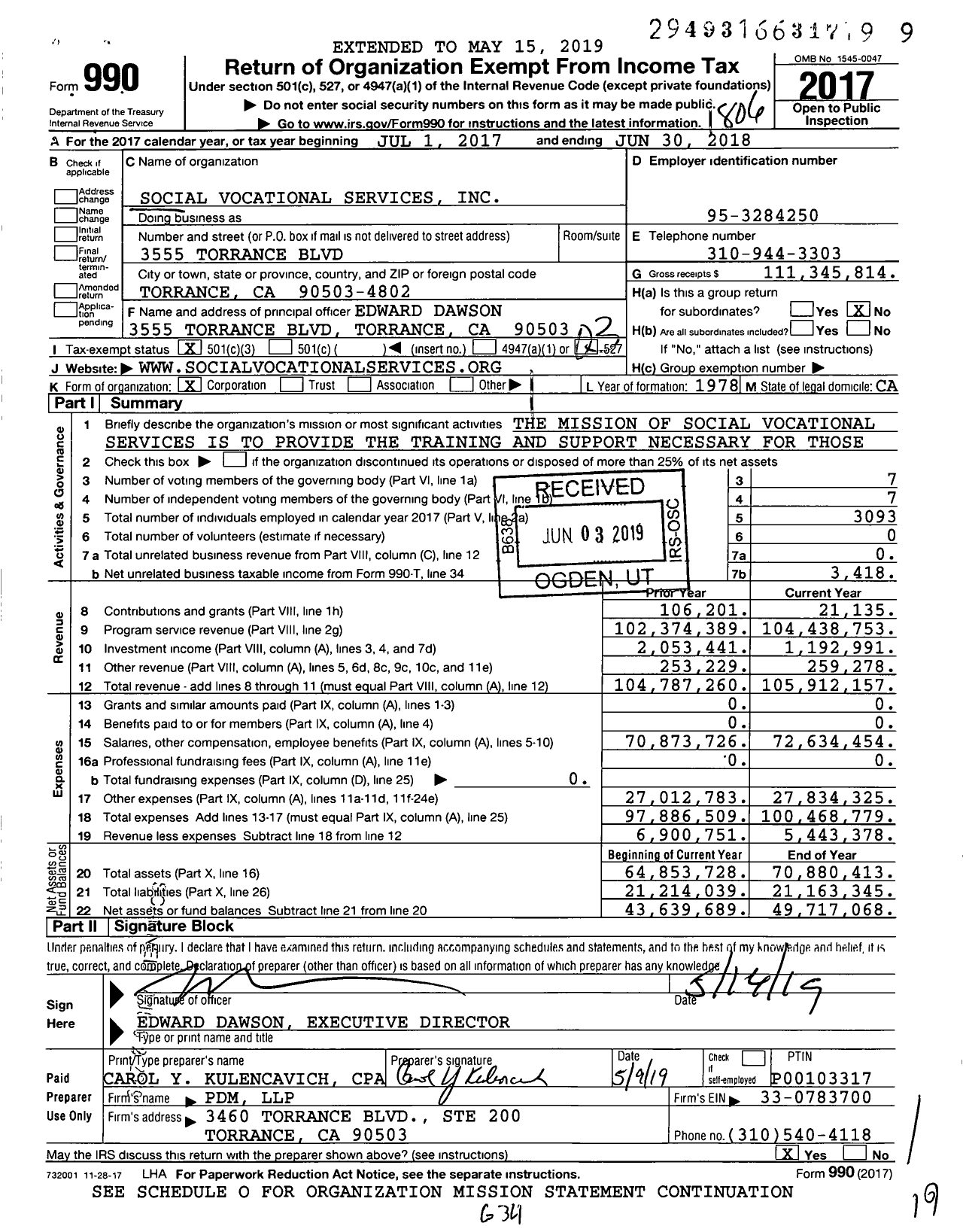 Image of first page of 2017 Form 990 for Social Vocational Services (SVS)