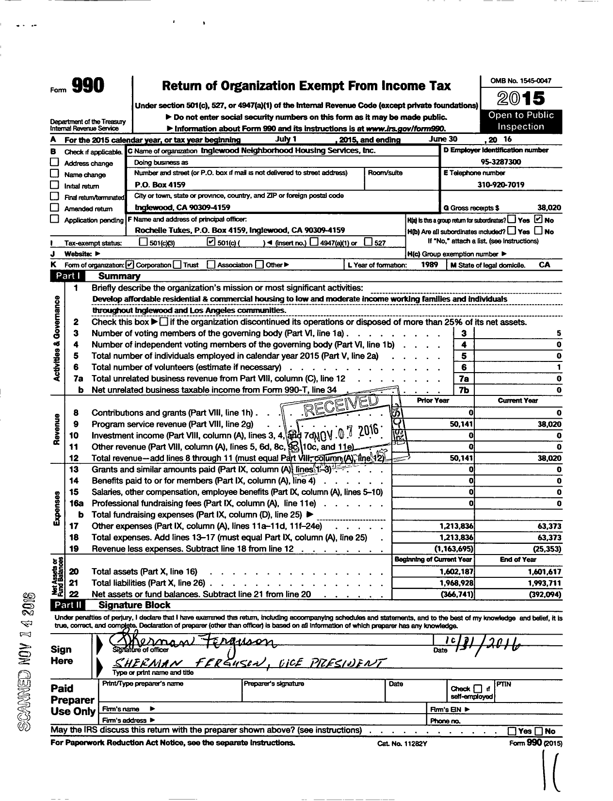 Image of first page of 2015 Form 990O for Inglewood Neighborhood Housing Services