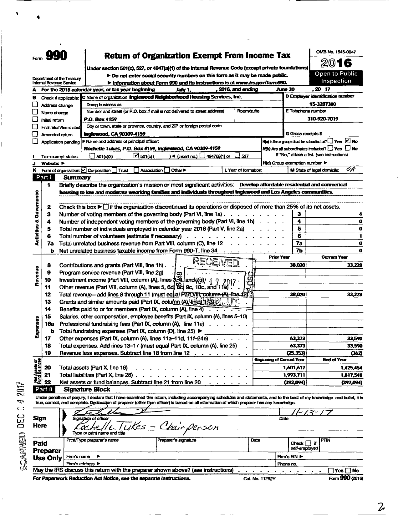 Image of first page of 2016 Form 990O for Inglewood Neighborhood Housing Services