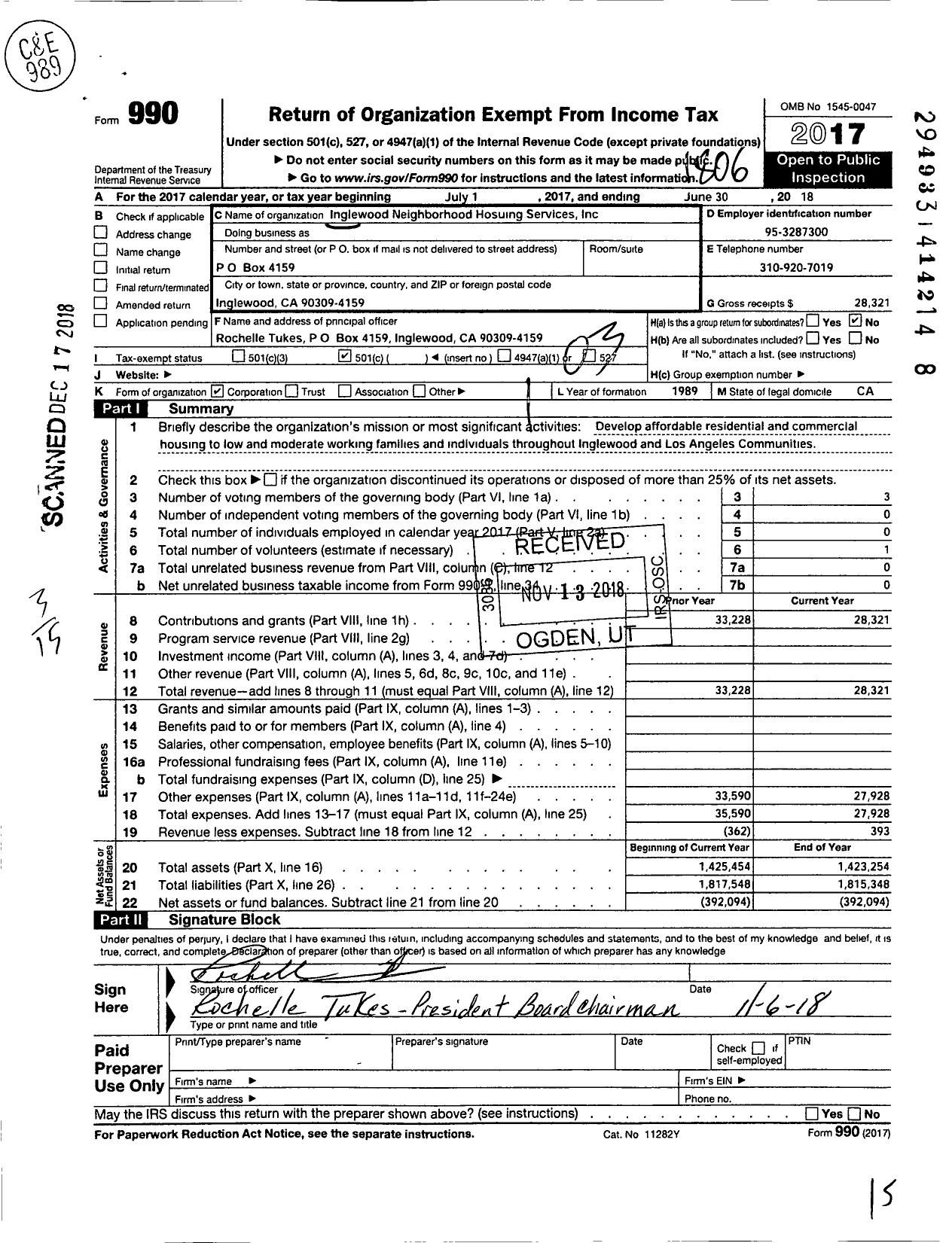 Image of first page of 2017 Form 990 for Inglewood Neighborhood Housing Services