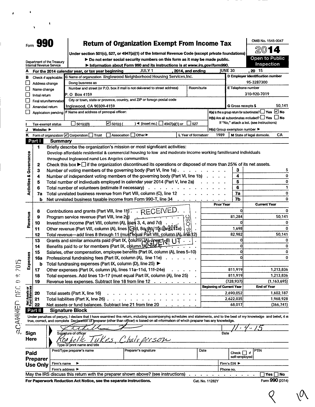 Image of first page of 2014 Form 990O for Inglewood Neighborhood Housing Services