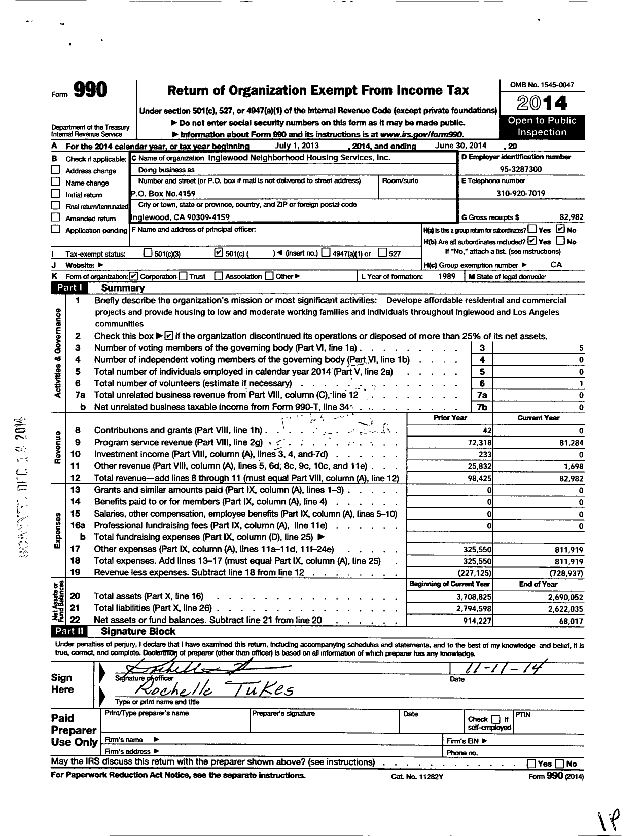 Image of first page of 2013 Form 990O for Inglewood Neighborhood Housing Services