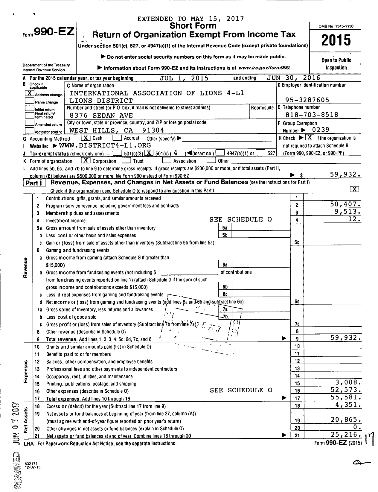 Image of first page of 2015 Form 990EO for Lions Clubs - 65575 District 4 L1