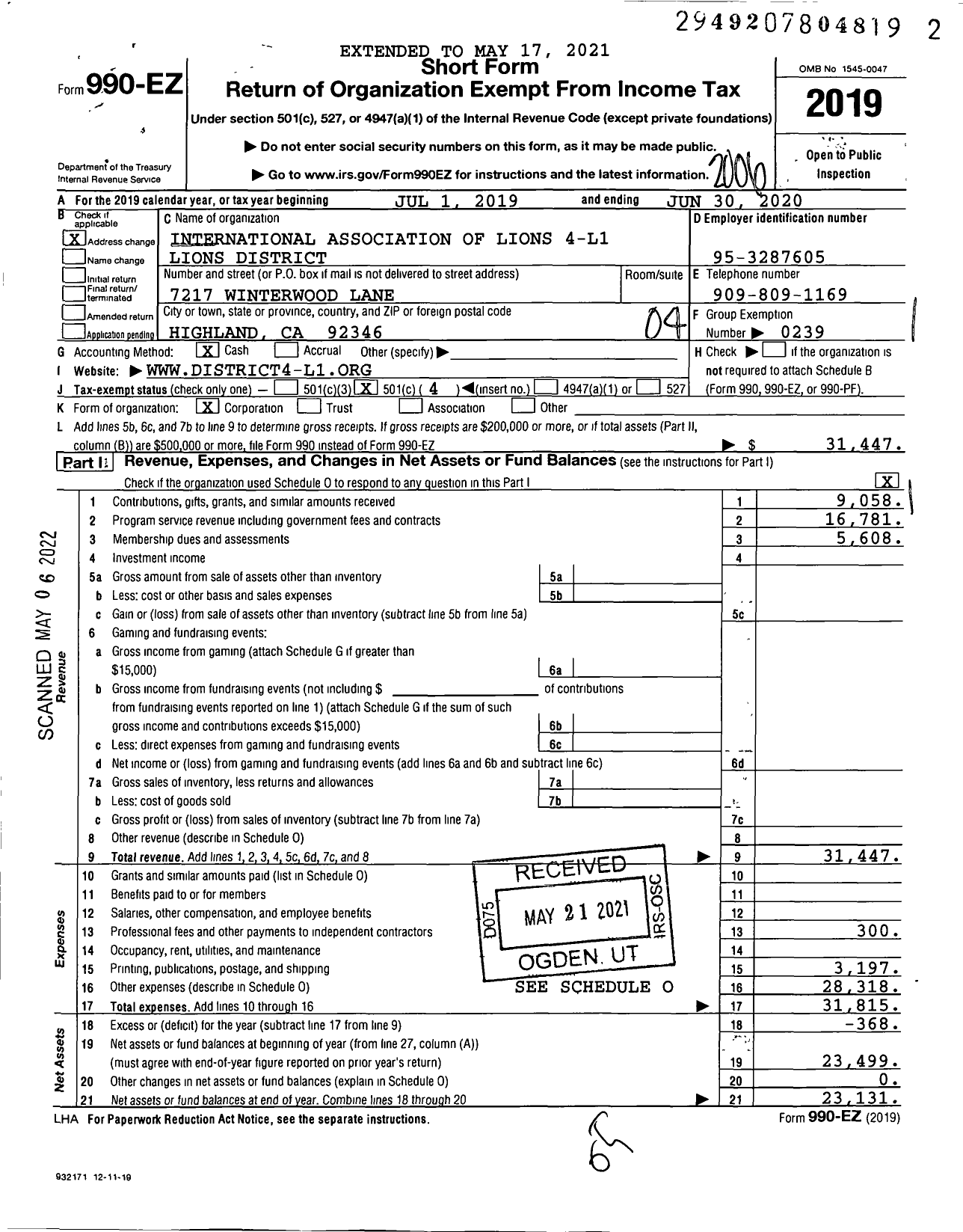 Image of first page of 2019 Form 990EO for Lions Clubs - 65575 District 4 L1