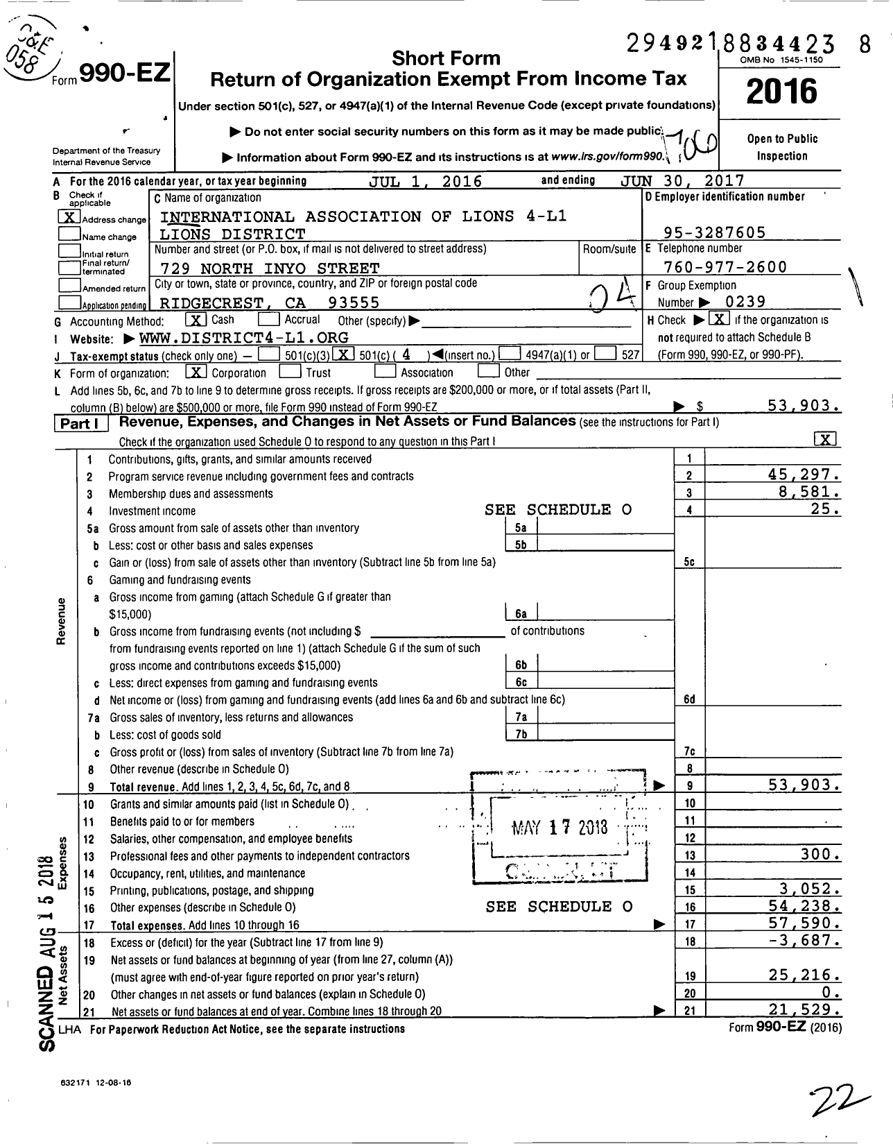 Image of first page of 2016 Form 990EO for Lions Clubs - 65575 District 4 L1